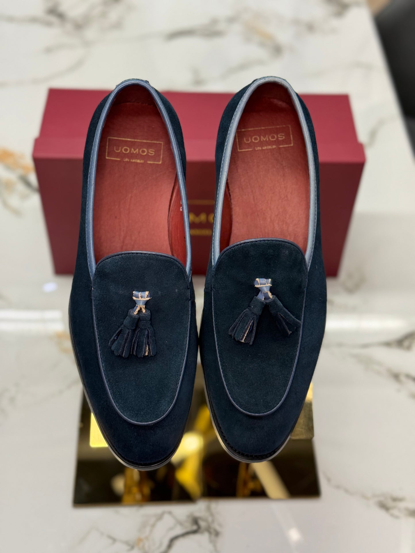 UOMOS Navy blue suede tassel loafers