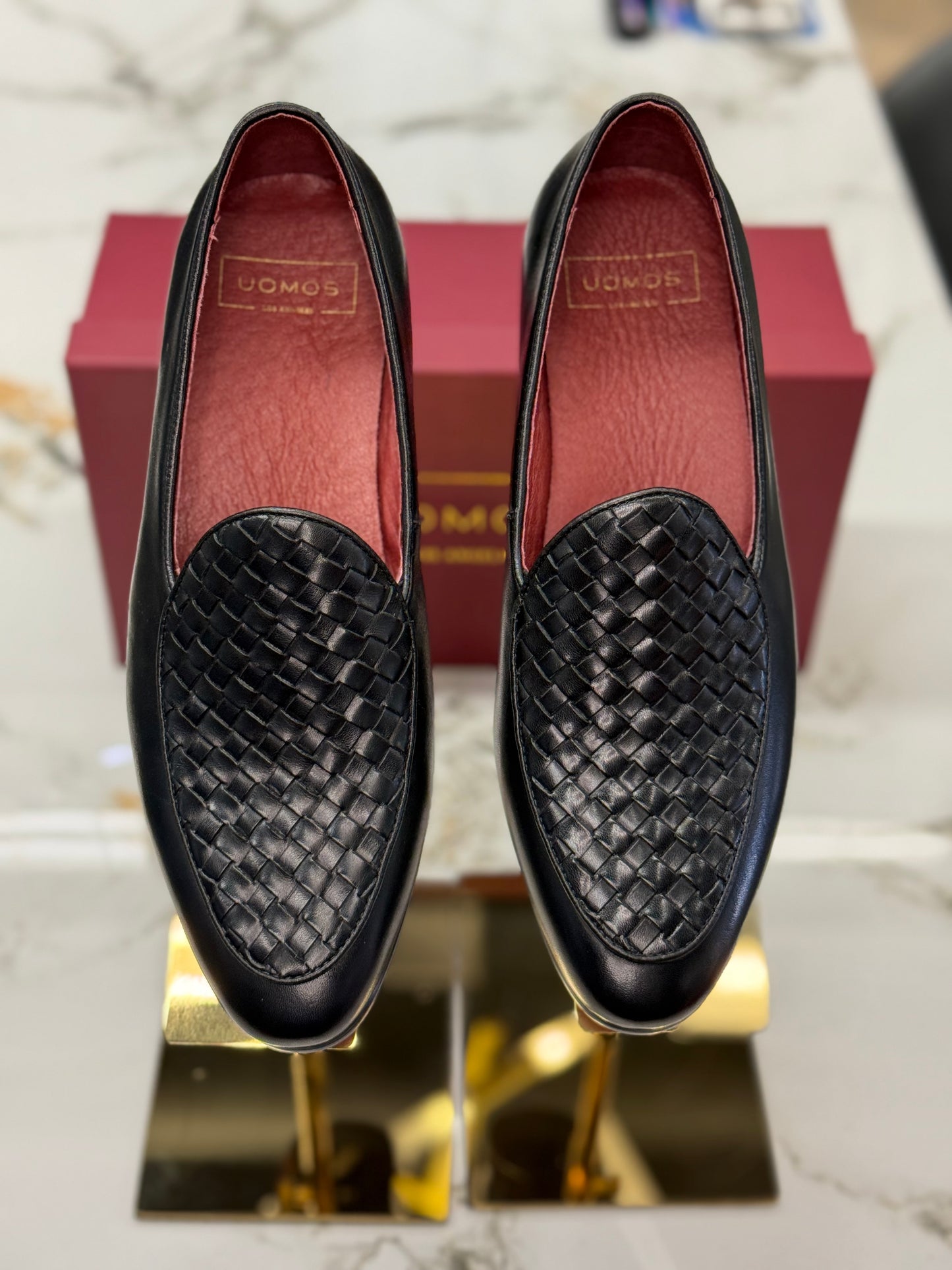UOMOS Black leather knitted top loafers