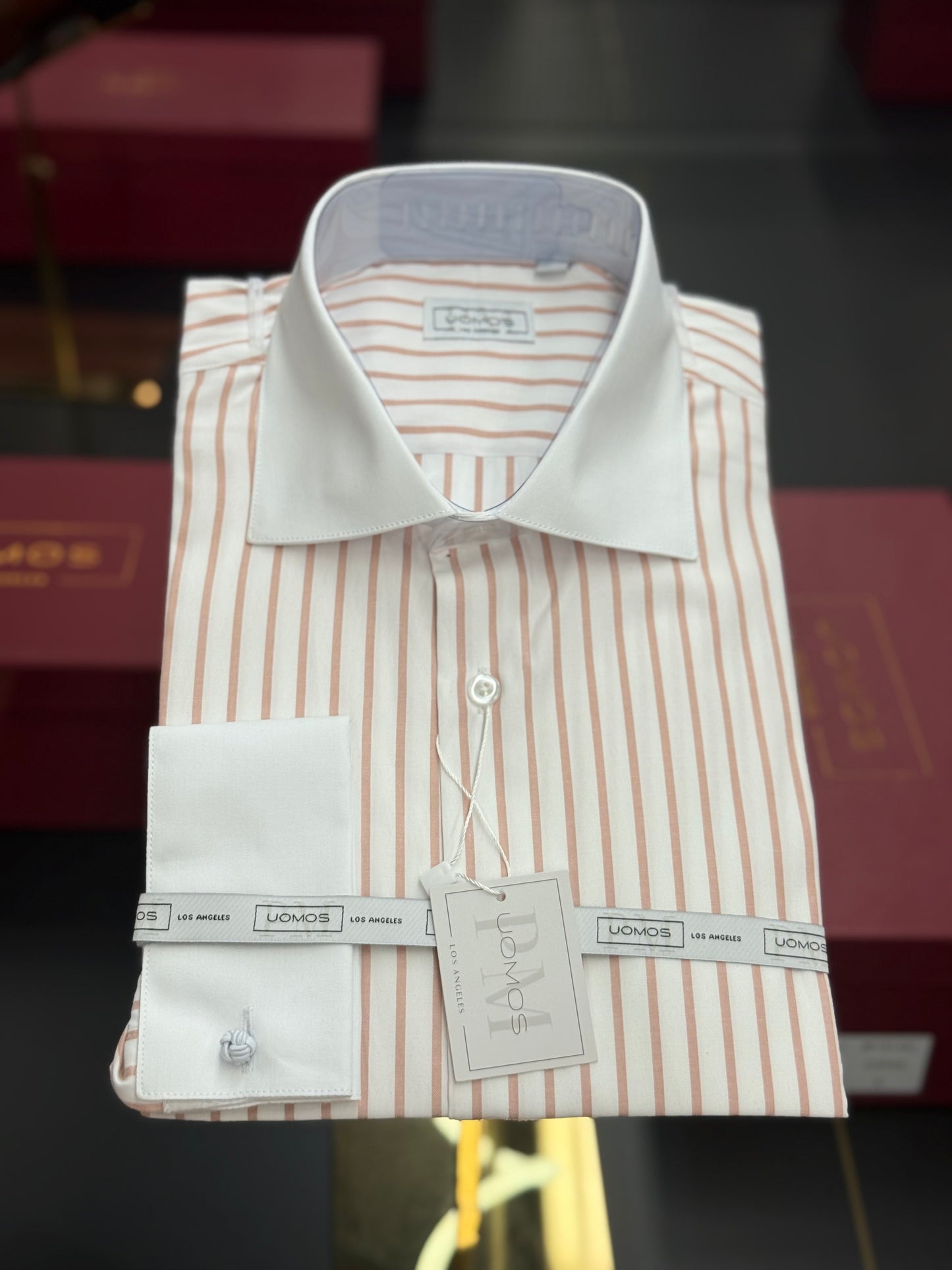 White spread collar / Nude striped cotton shirt slim