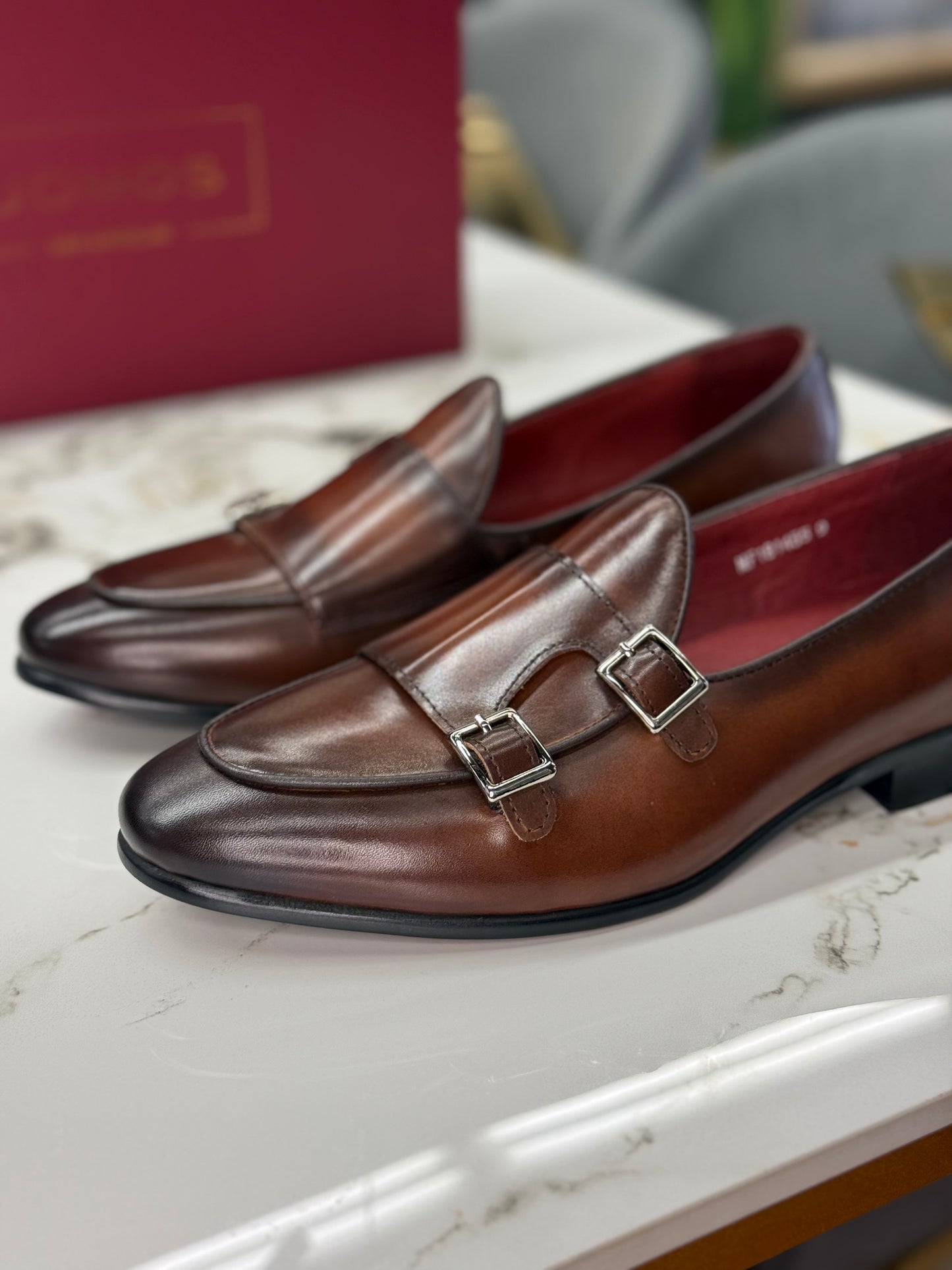 UOMOS brown leather double monk loafers