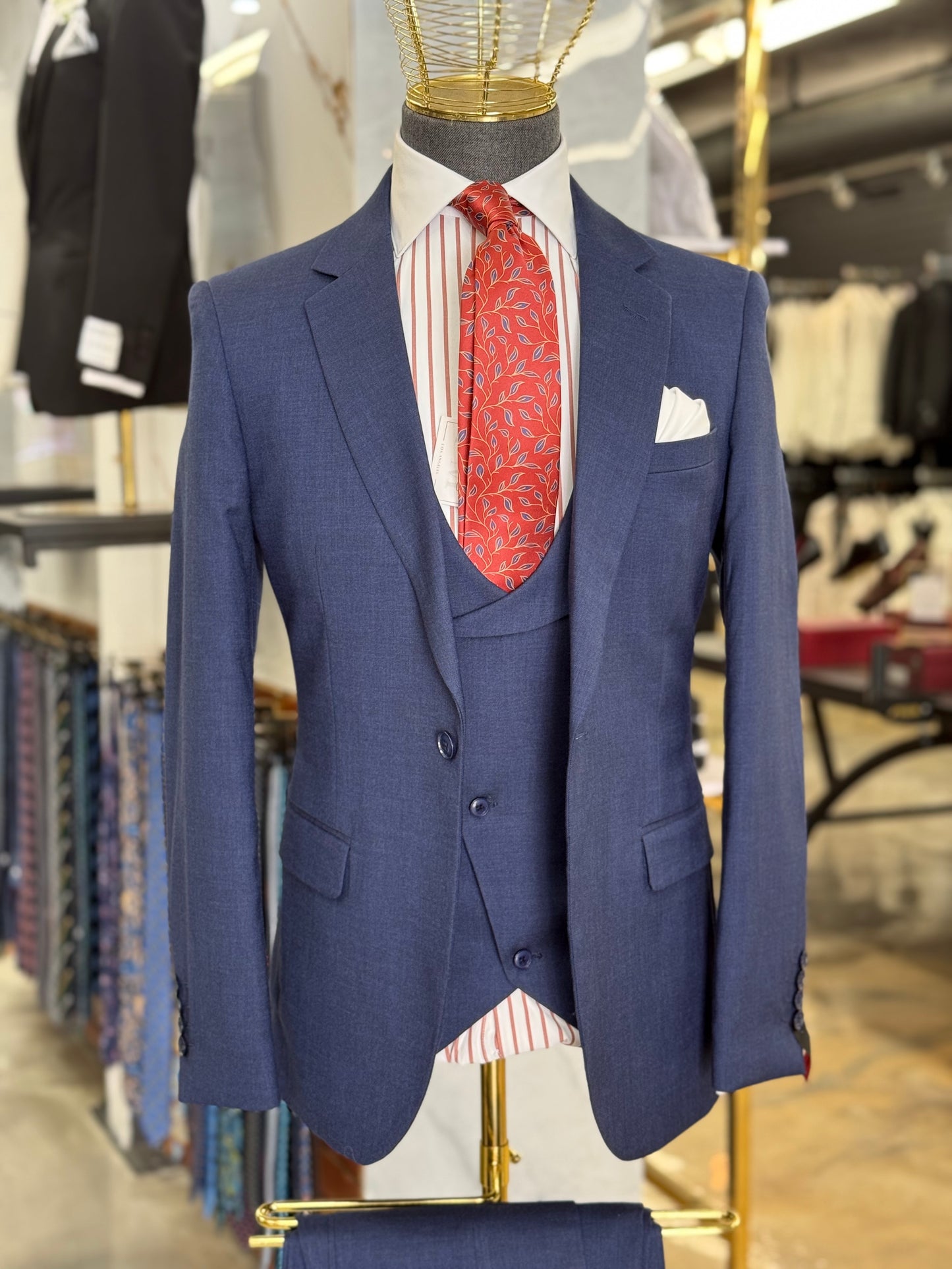 Blue Three Pieces Vested Suit