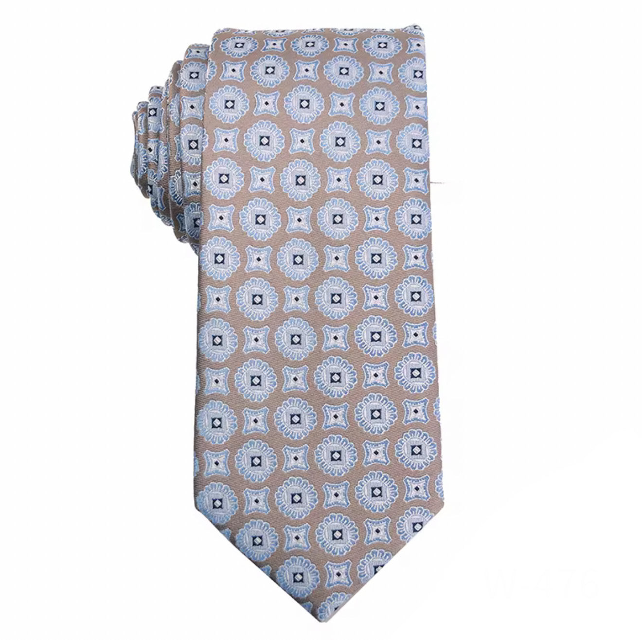 Necktie Champagne with light blue and white medallions