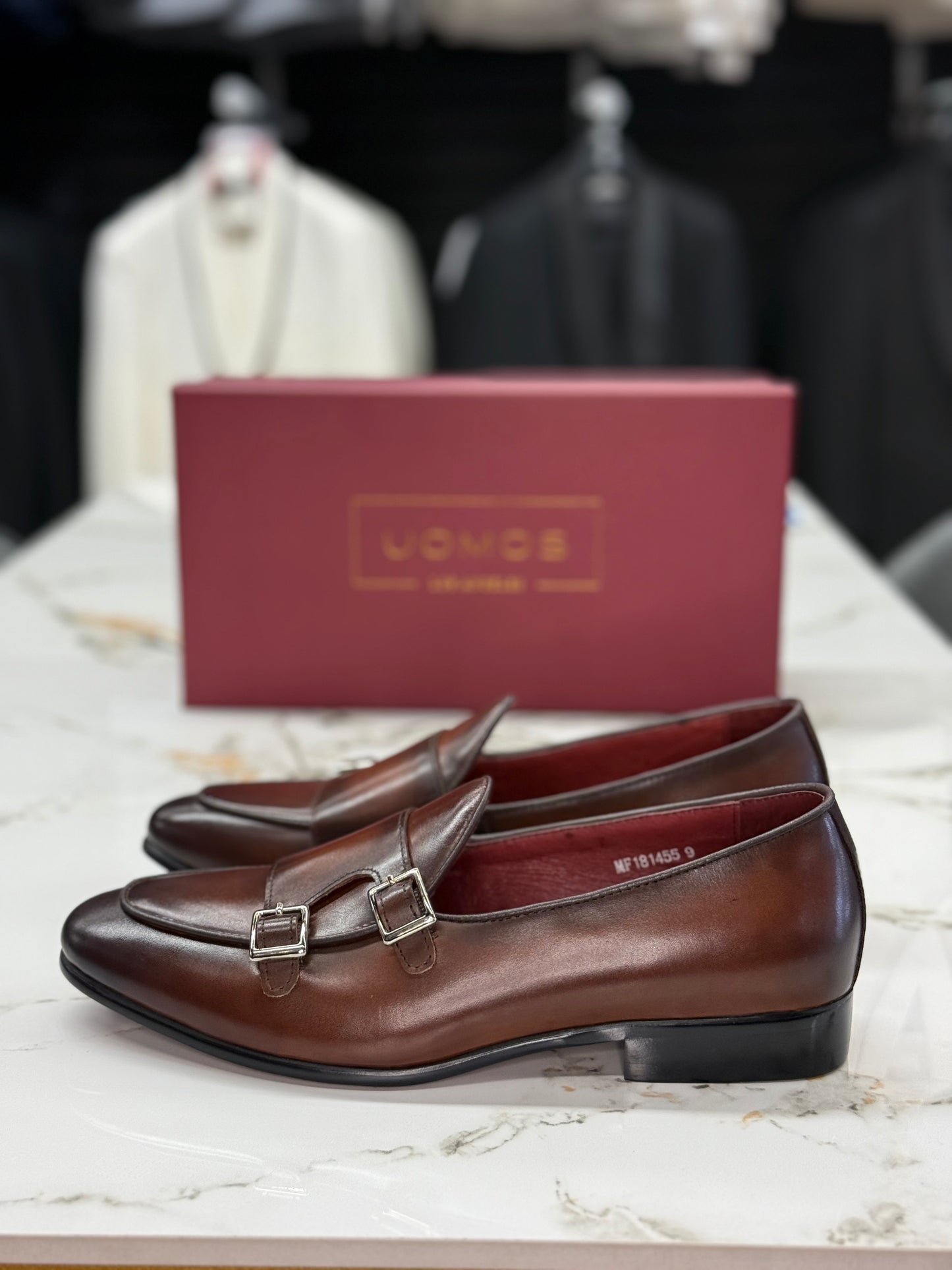 UOMOS brown leather double monk loafers