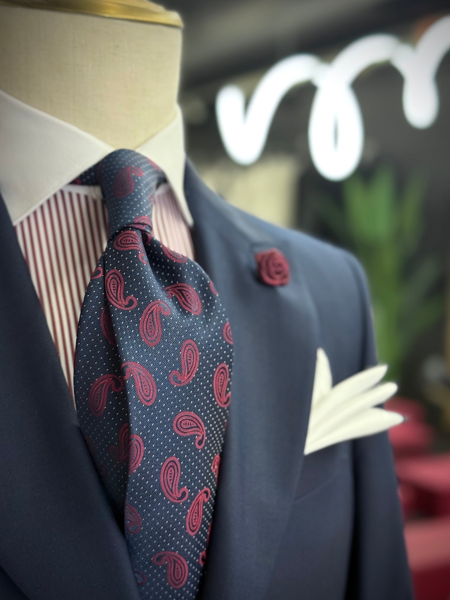 Necktie Midnight Blue Micro Polla dots White and Burgundy Paisley