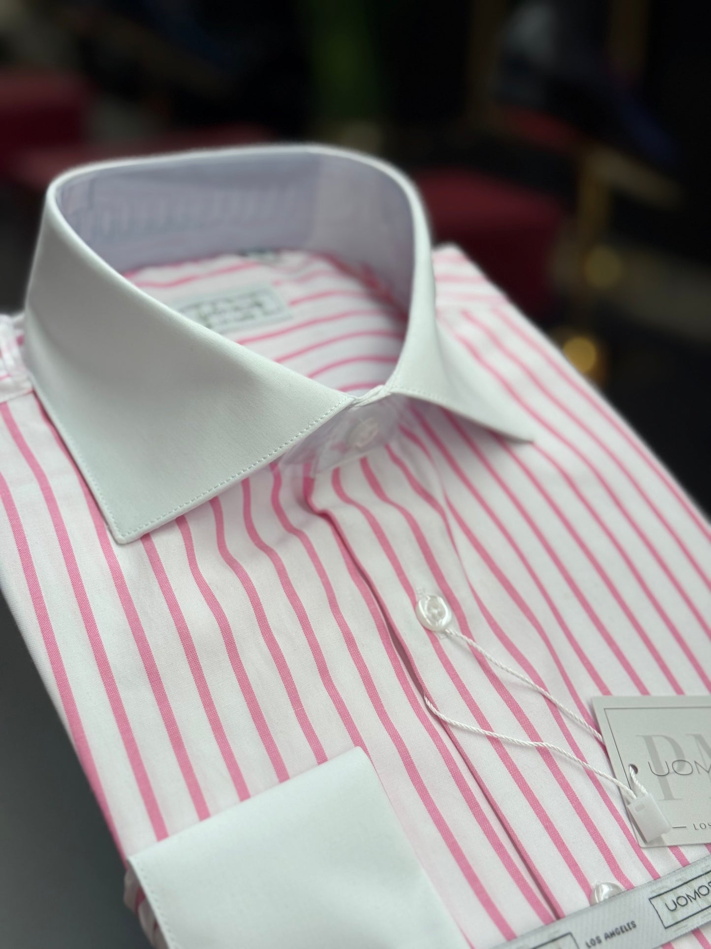 White spread collar / Pink striped cotton shirt slim