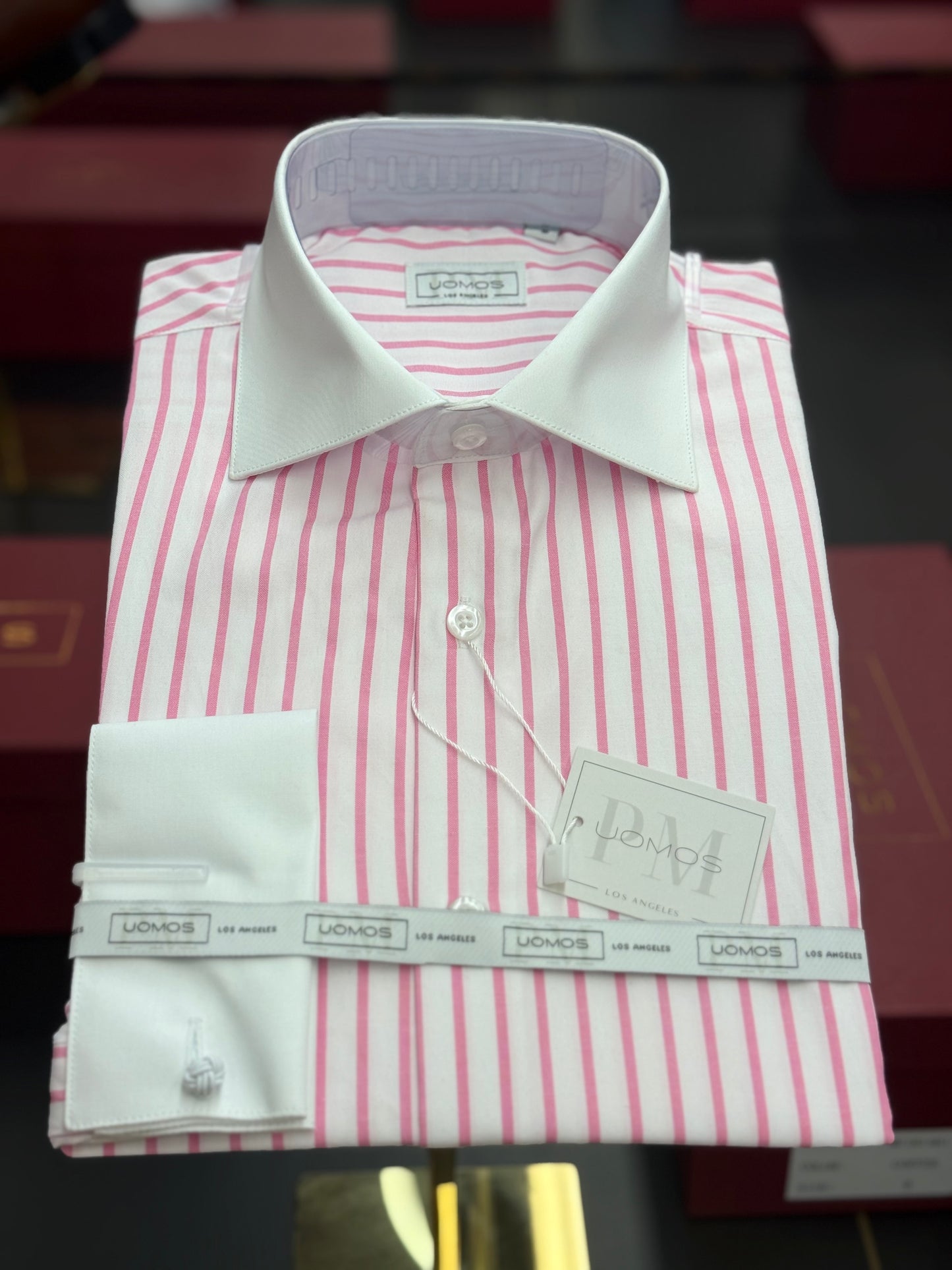 White spread collar / Pink striped cotton shirt slim