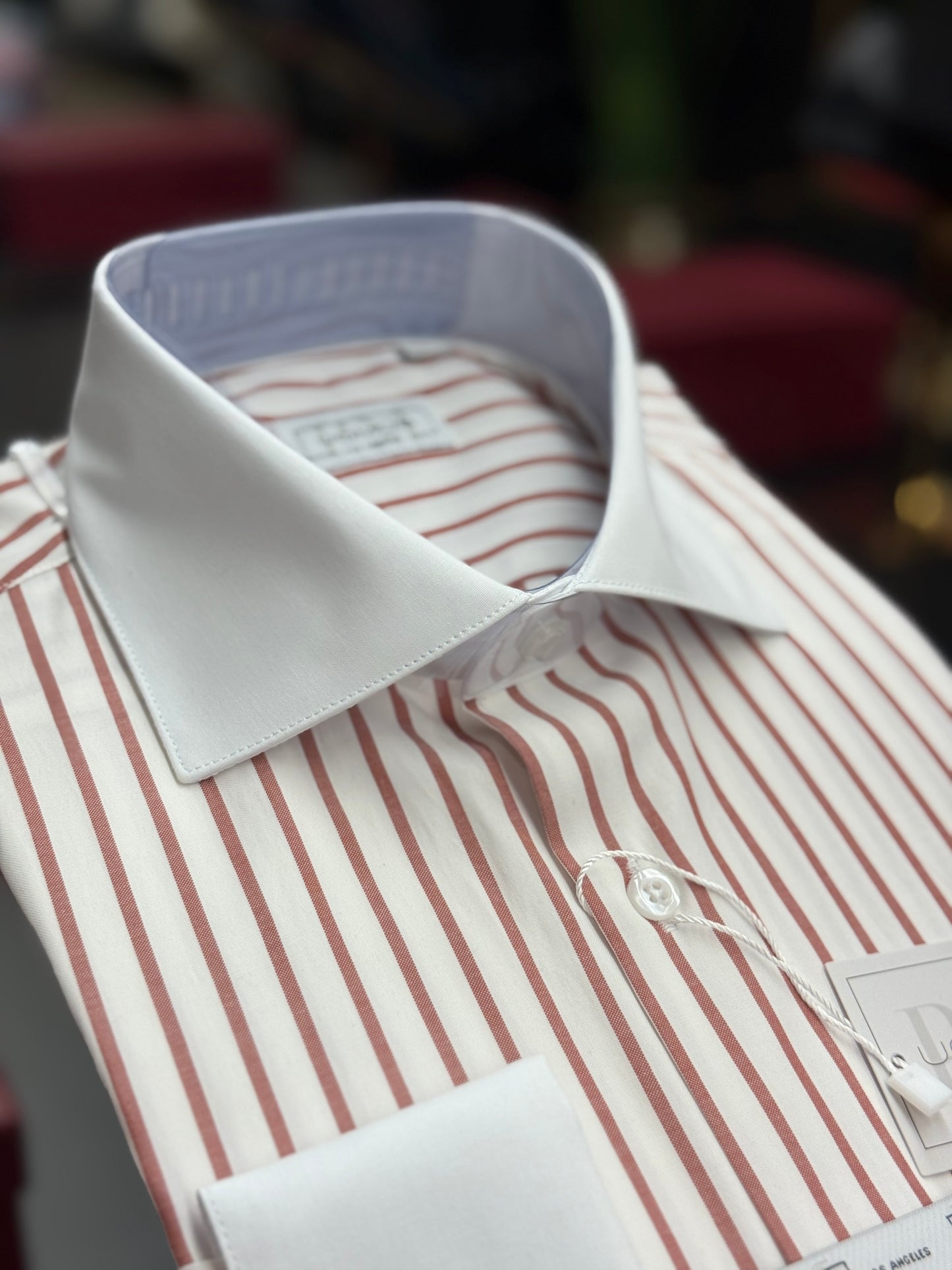 White spread collar / Rust striped cotton shirt slim