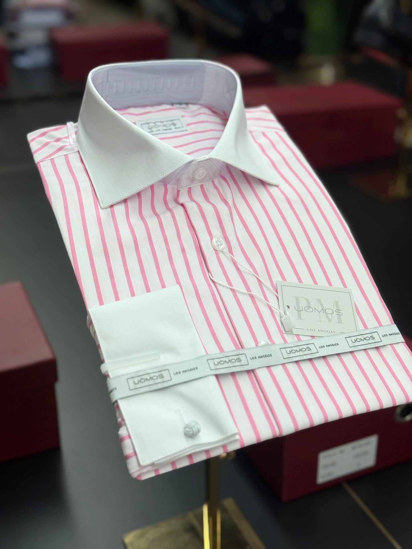 White spread collar / Pink striped cotton shirt slim