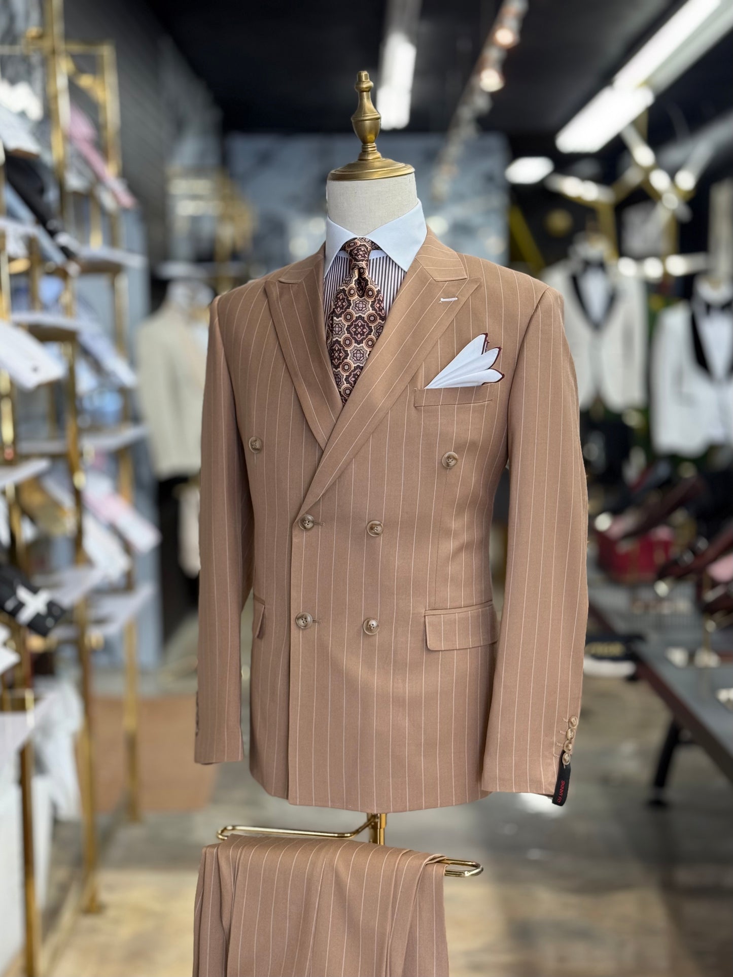 Camel Double-Breasted Pinstripe Suit