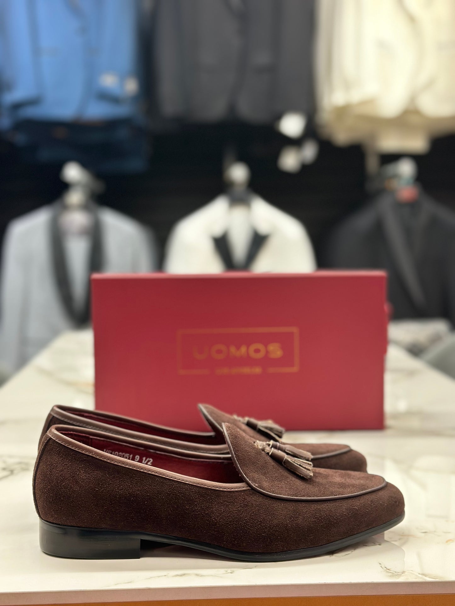 UOMOS brown suede tassel loafers