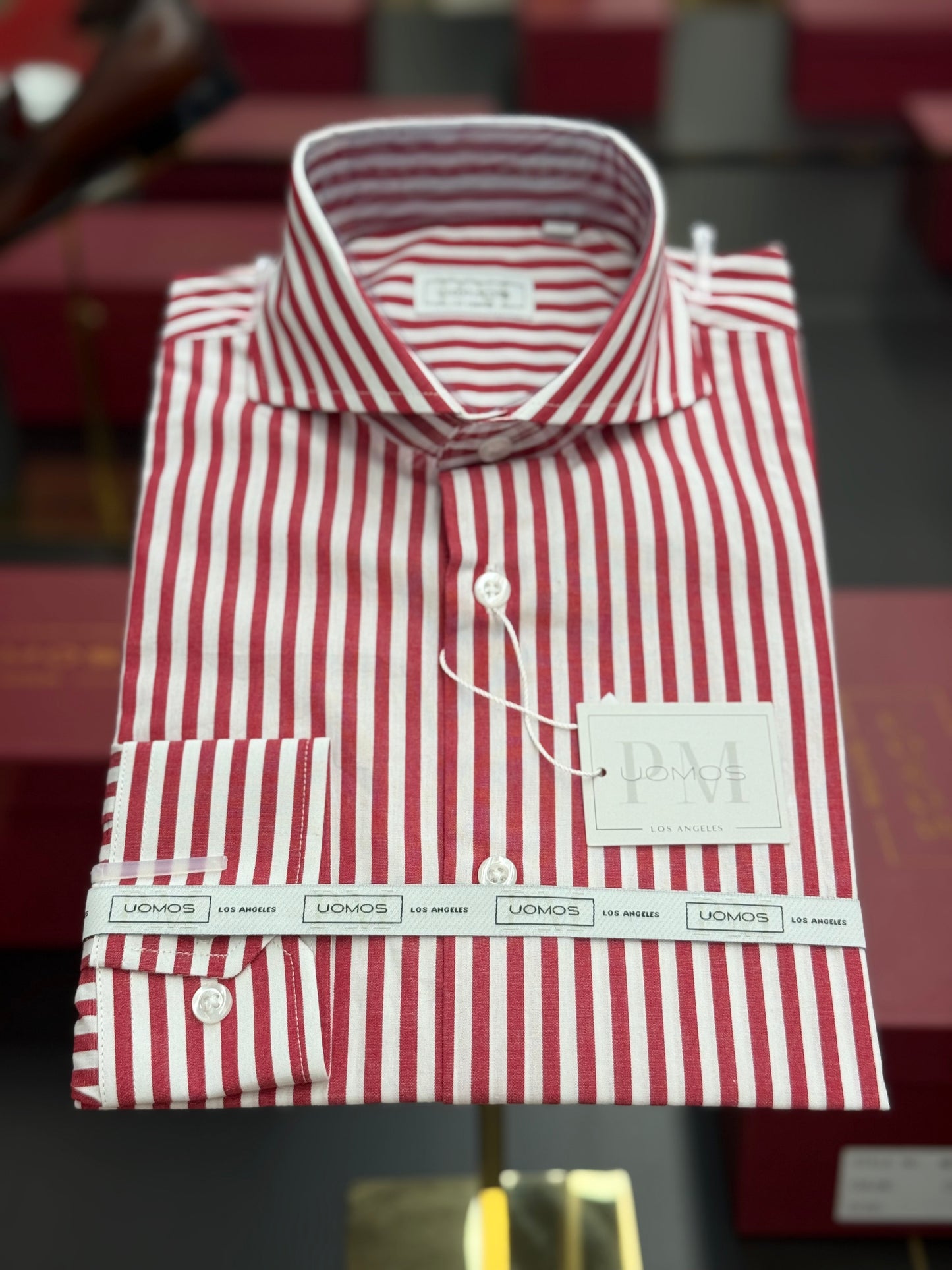 White and Red striped cut-away cotton shirt slim