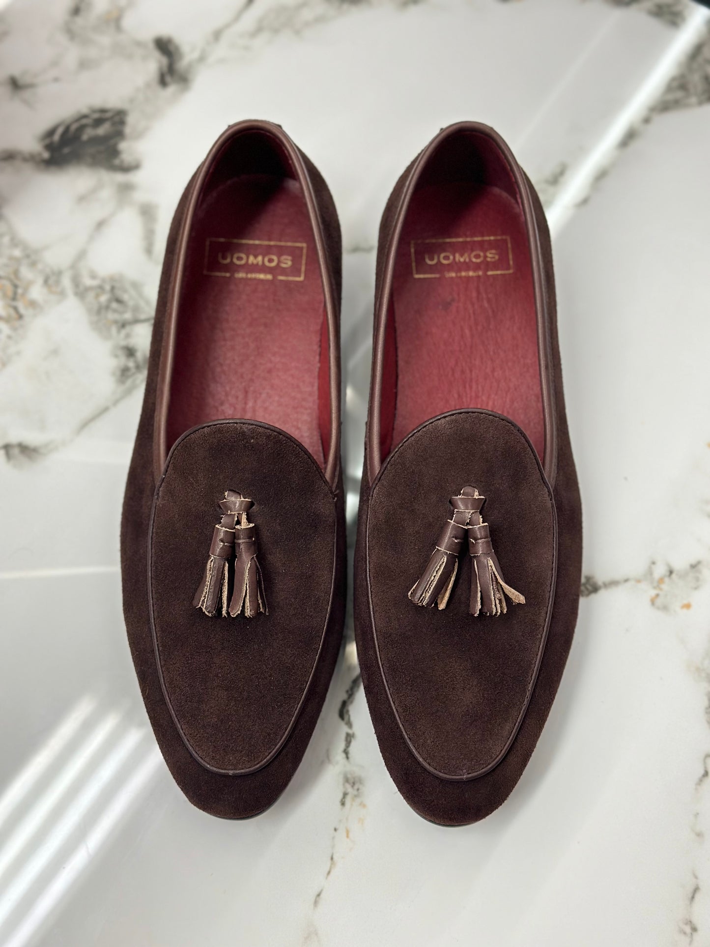 UOMOS brown suede tassel loafers