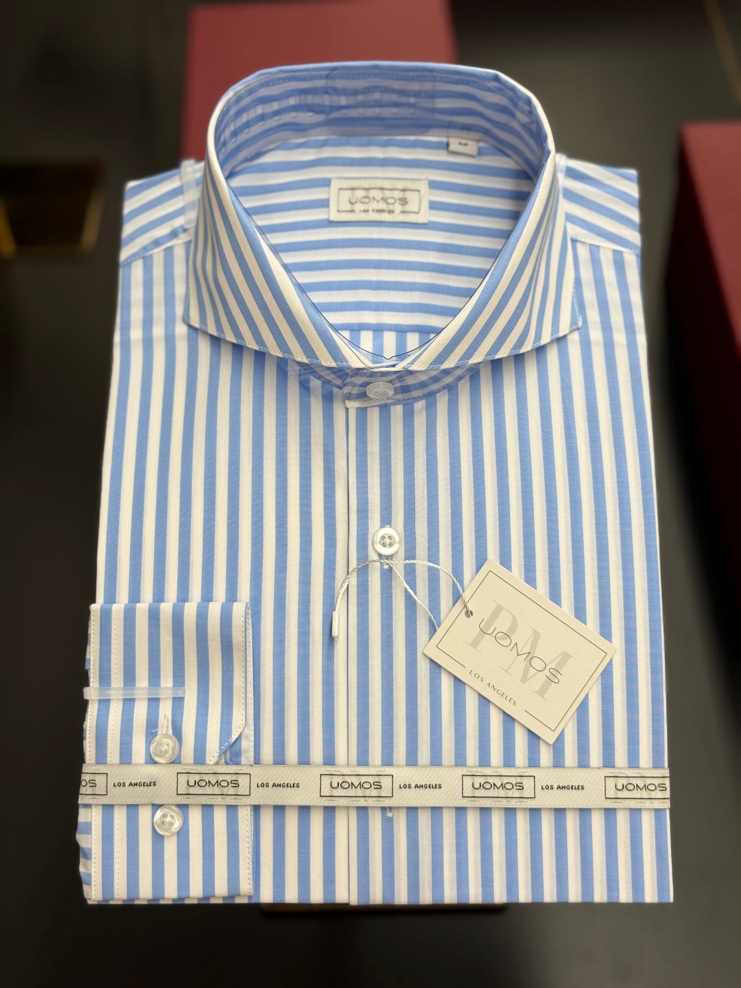 White and Light Blue striped cut-away cotton shirt slim