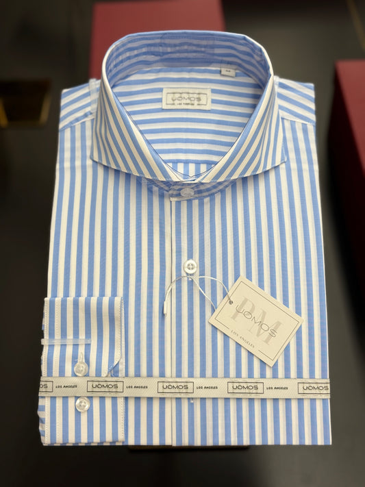 White and Light Blue striped cut-away cotton shirt slim