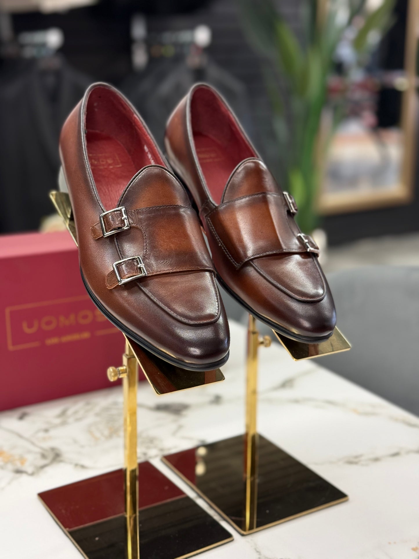 UOMOS brown leather double monk loafers