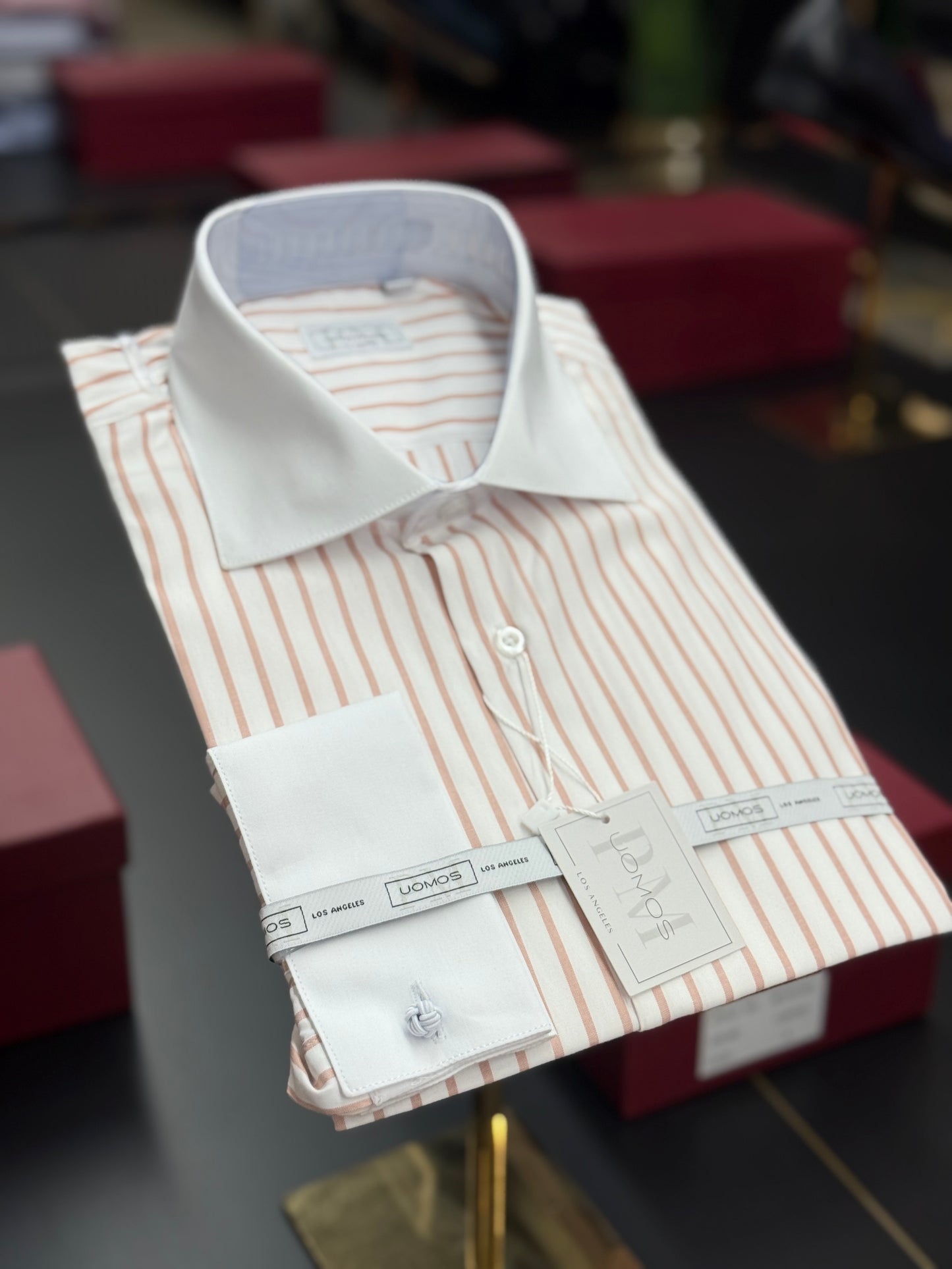 White spread collar / Nude striped cotton shirt slim
