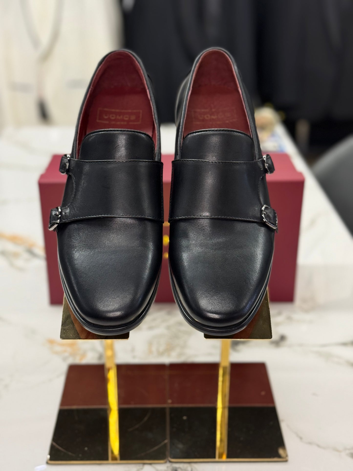 UOMOS black leather double monk loafers