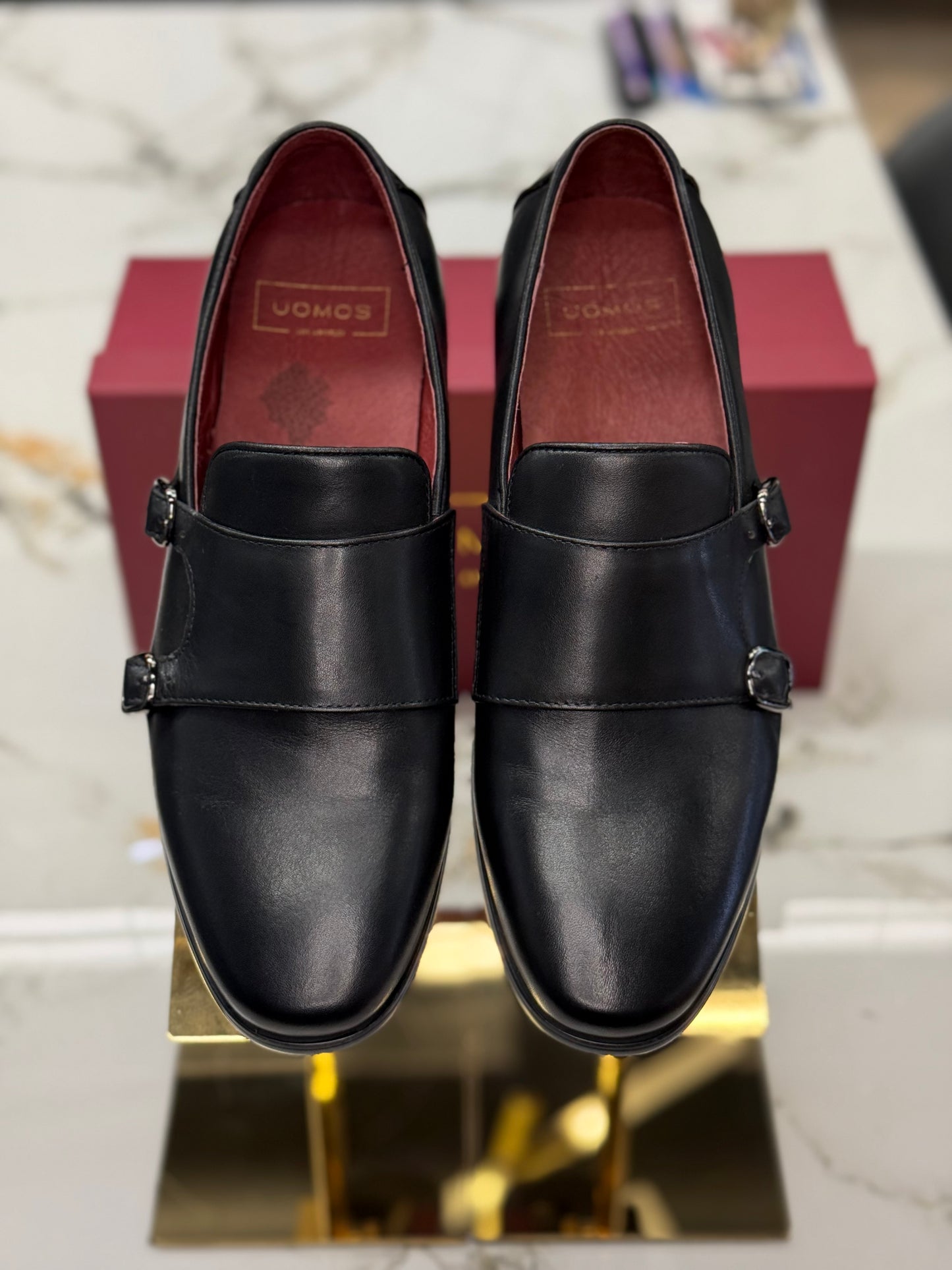 UOMOS black leather double monk loafers
