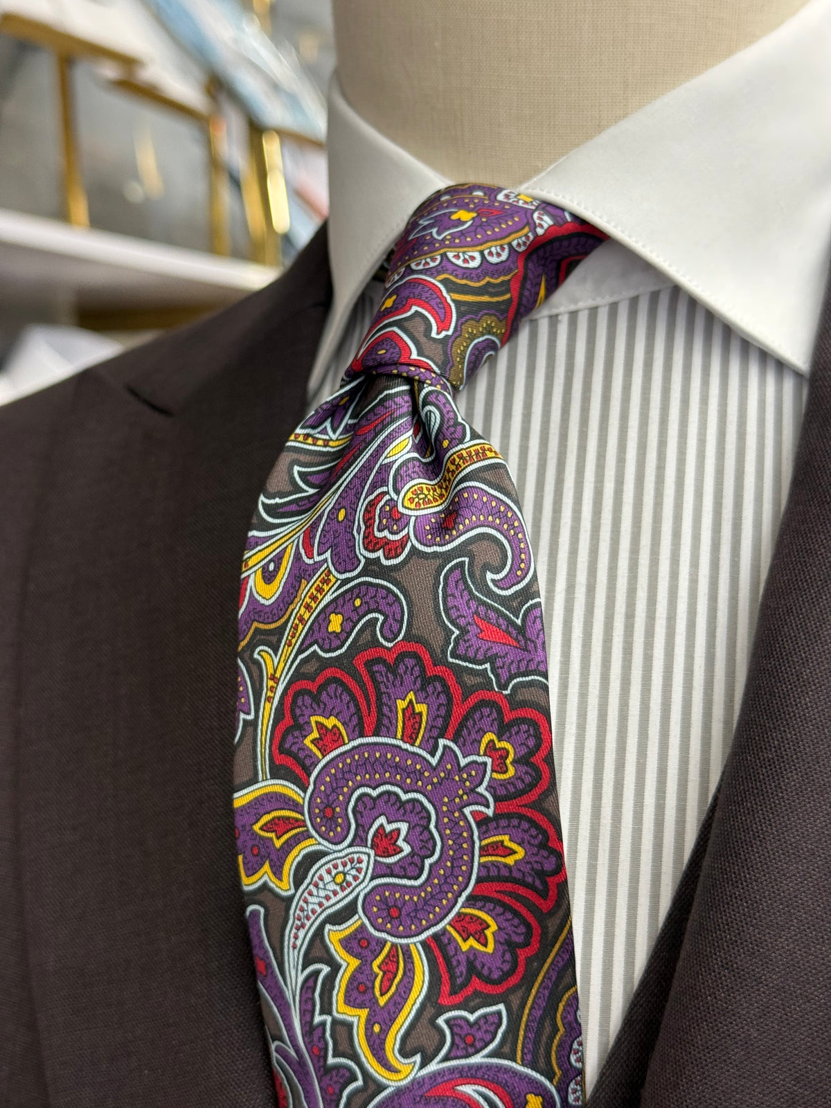 Necktie Bold Paisley Purple pattern with charcoal, red, gold, and ivory
