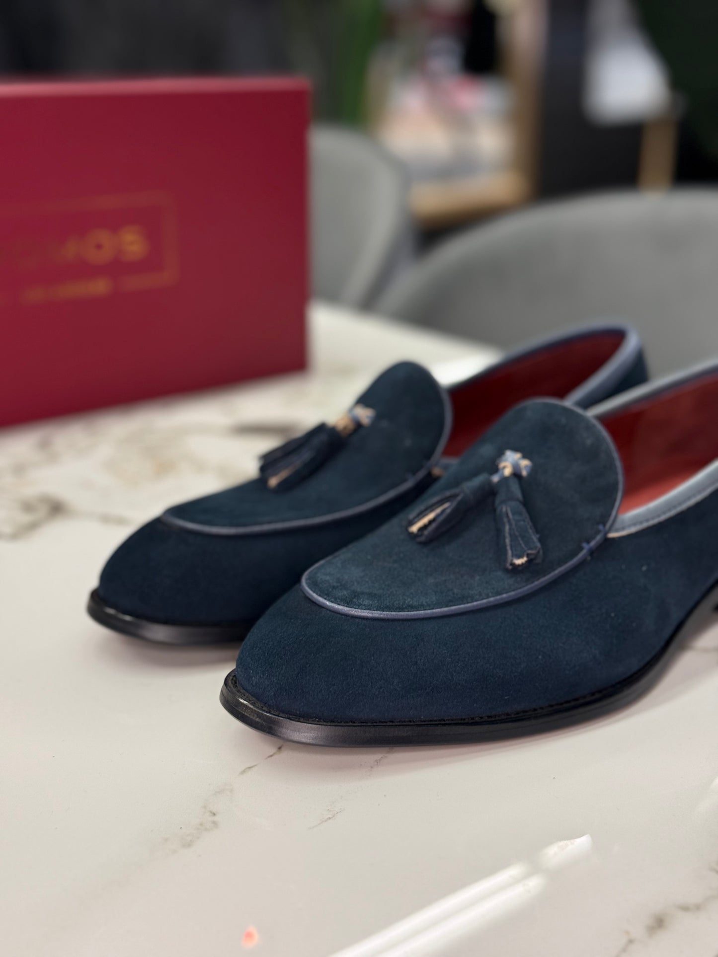 UOMOS Navy blue suede tassel loafers