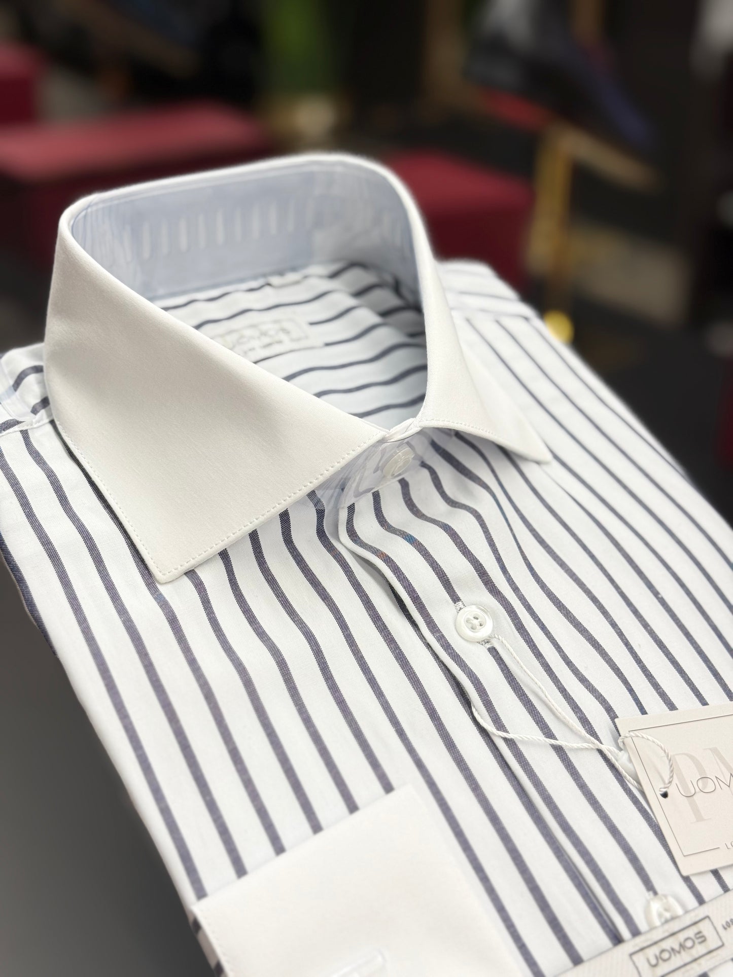 White spread collar / Mid night Blue striped cotton shirt slim
