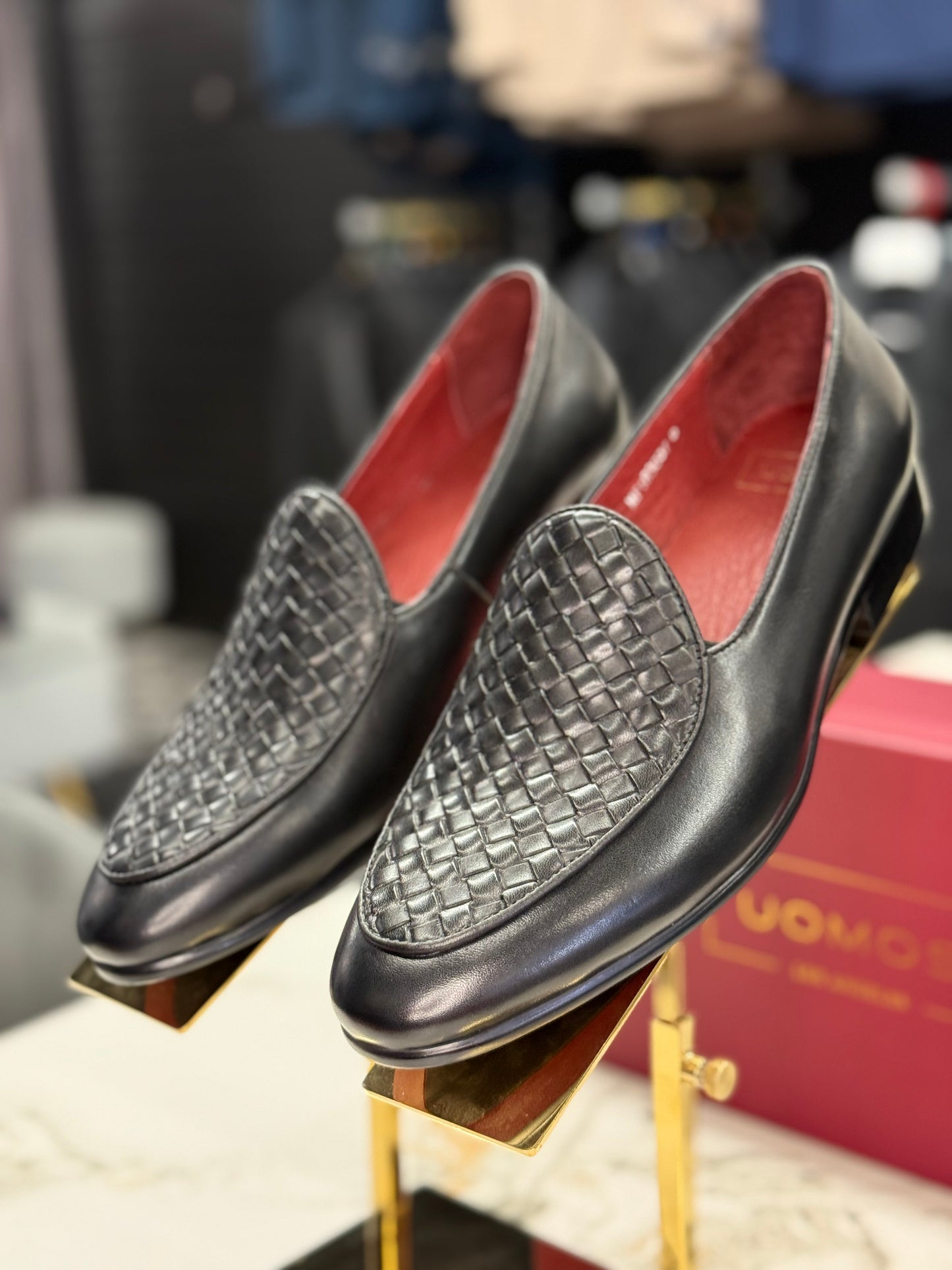 UOMOS Black leather knitted top loafers