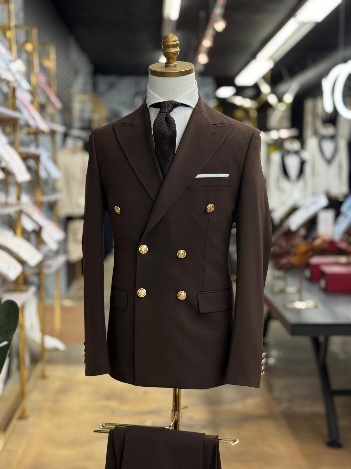 Chocolate Double Breasted | Gold buttons. Euro Suit