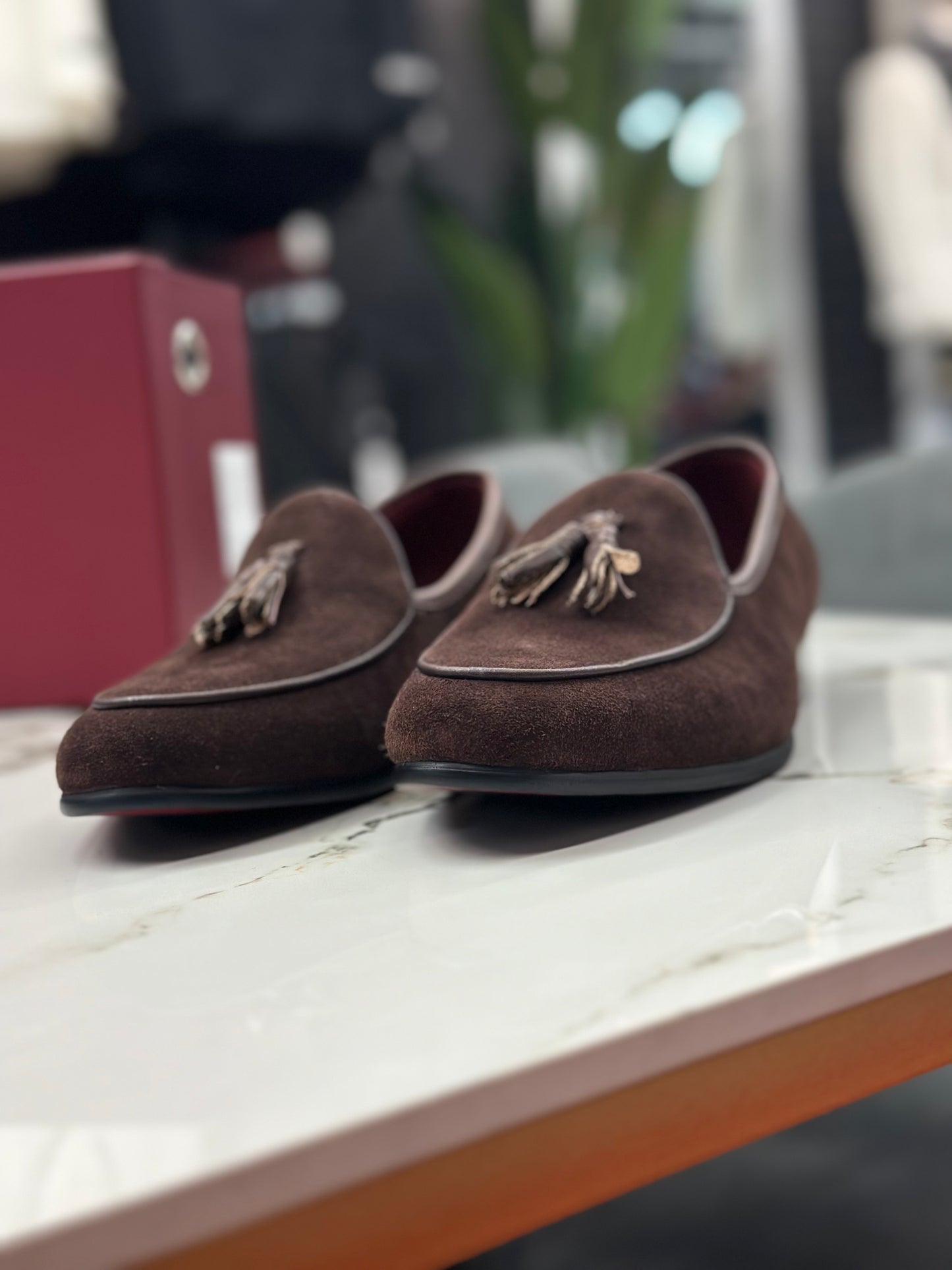 UOMOS brown suede tassel loafers