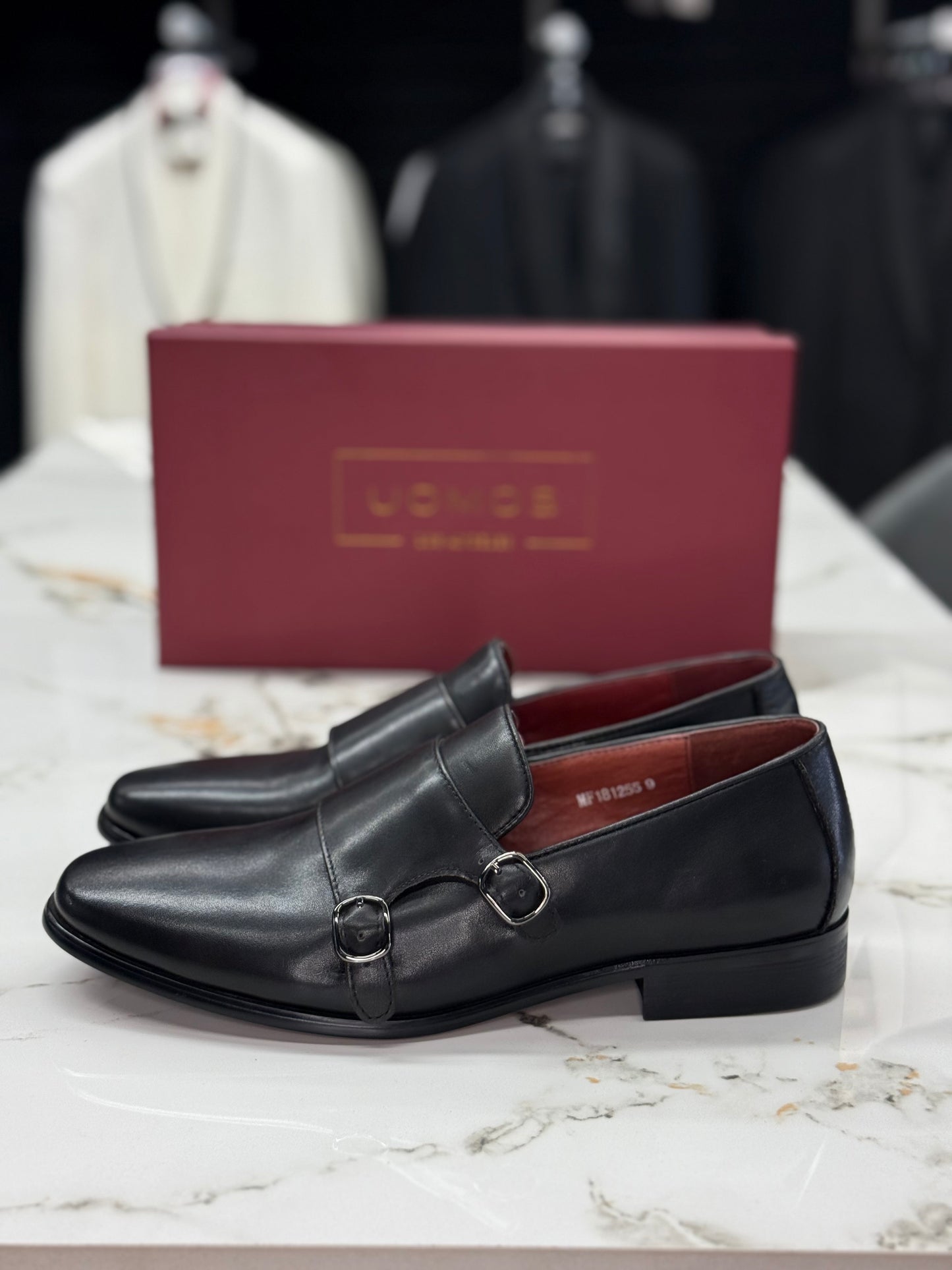 UOMOS black leather double monk loafers