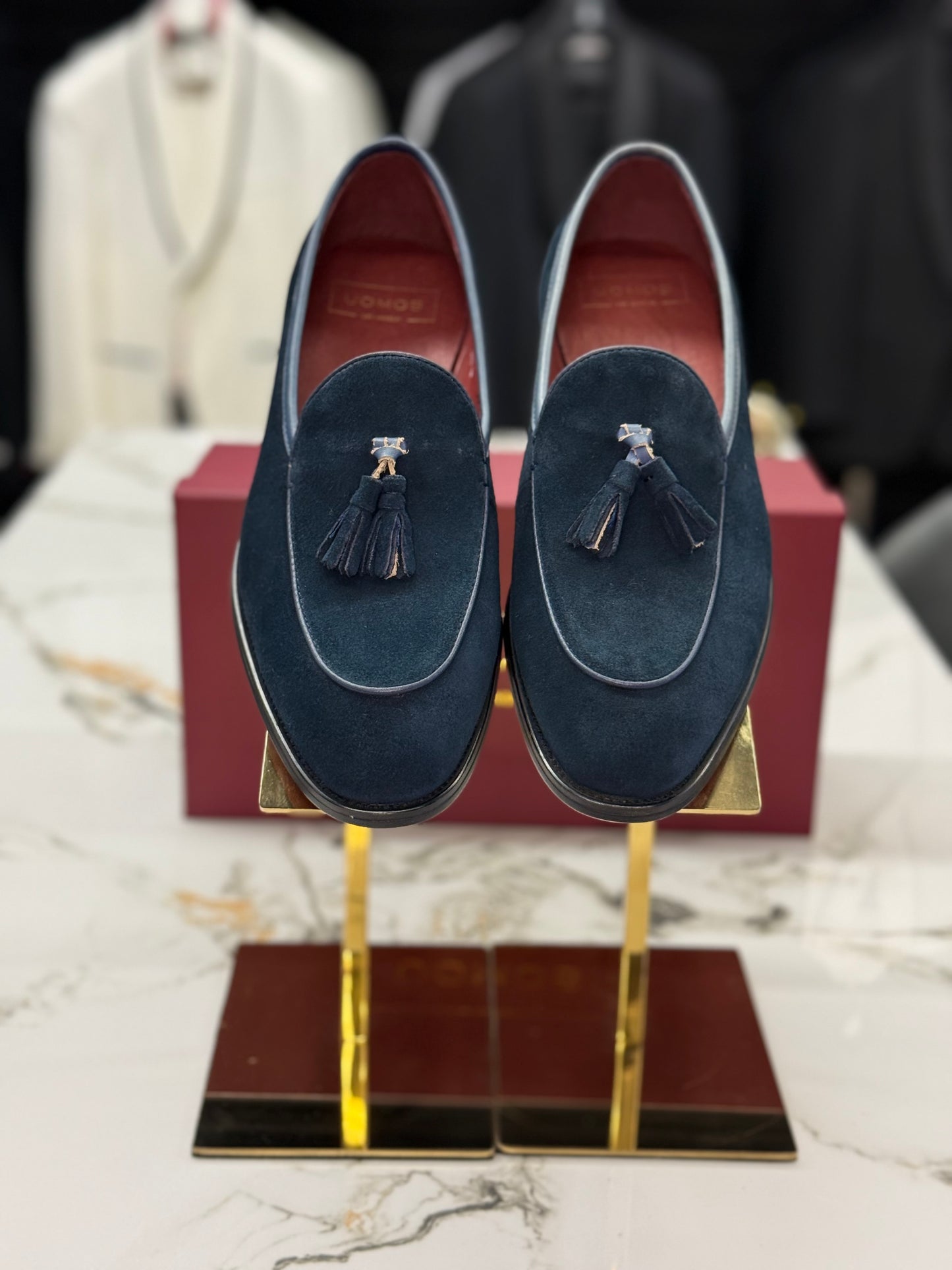 UOMOS Navy blue suede tassel loafers