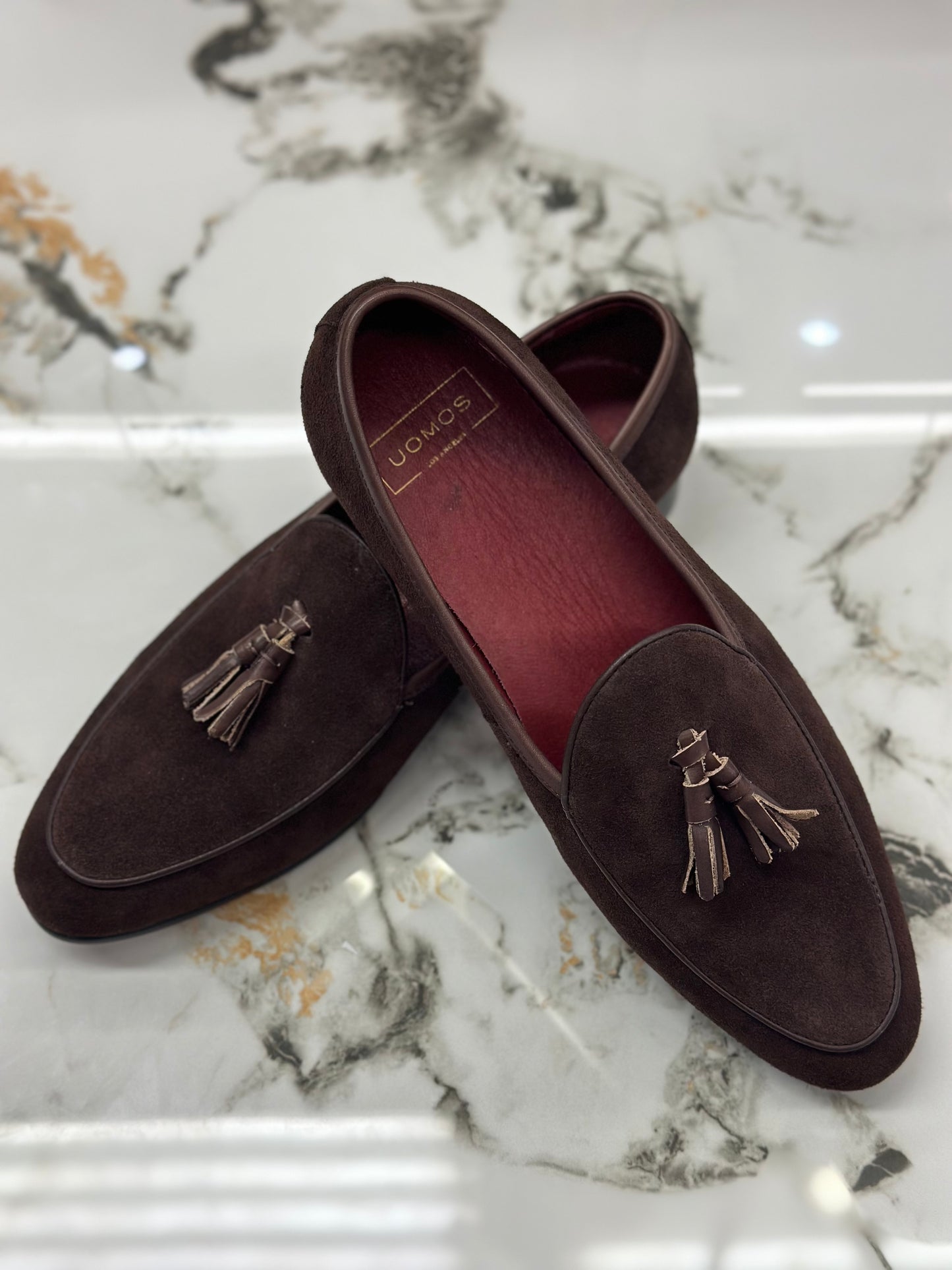 UOMOS brown suede tassel loafers