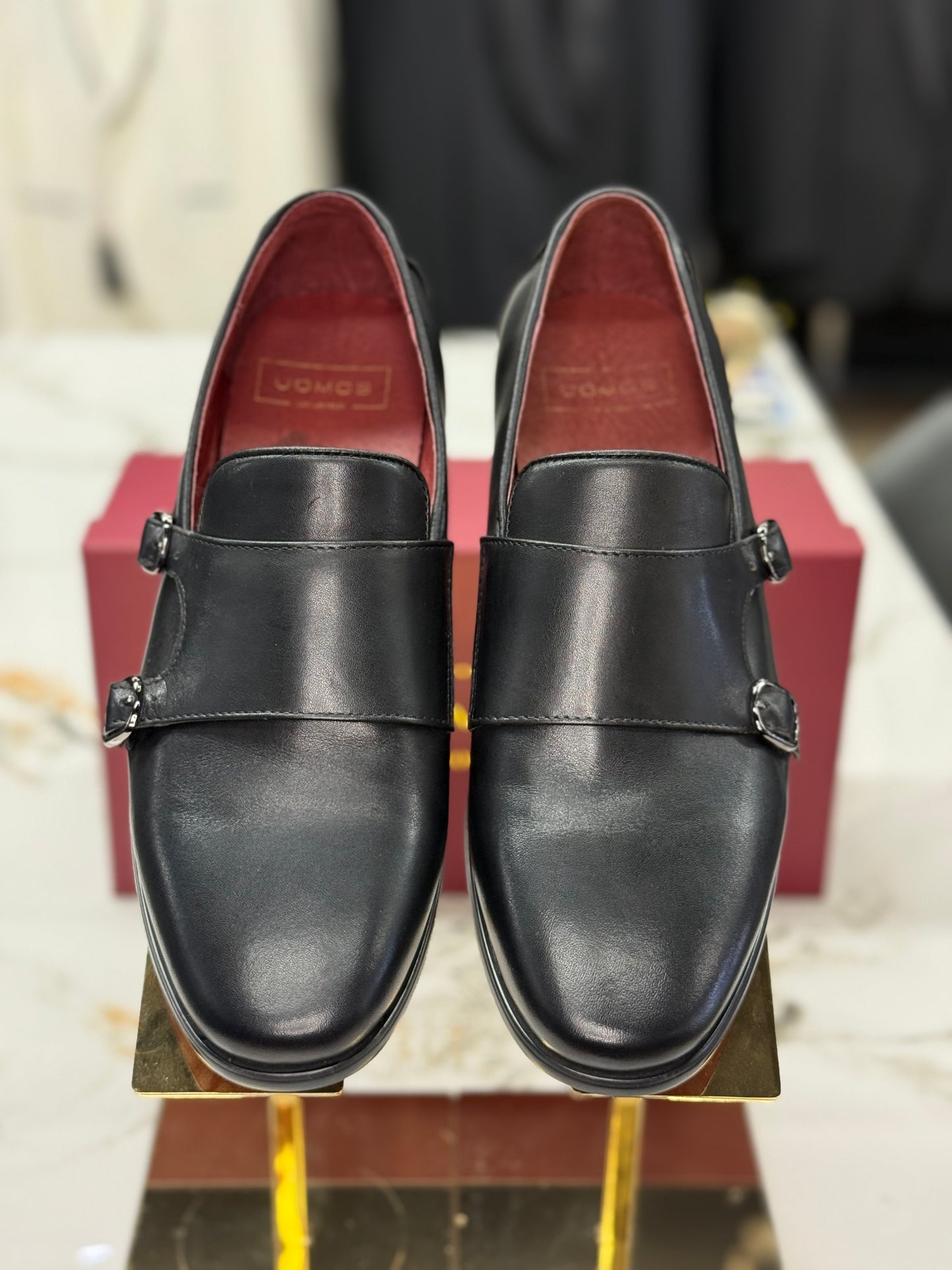 UOMOS black leather double monk loafers