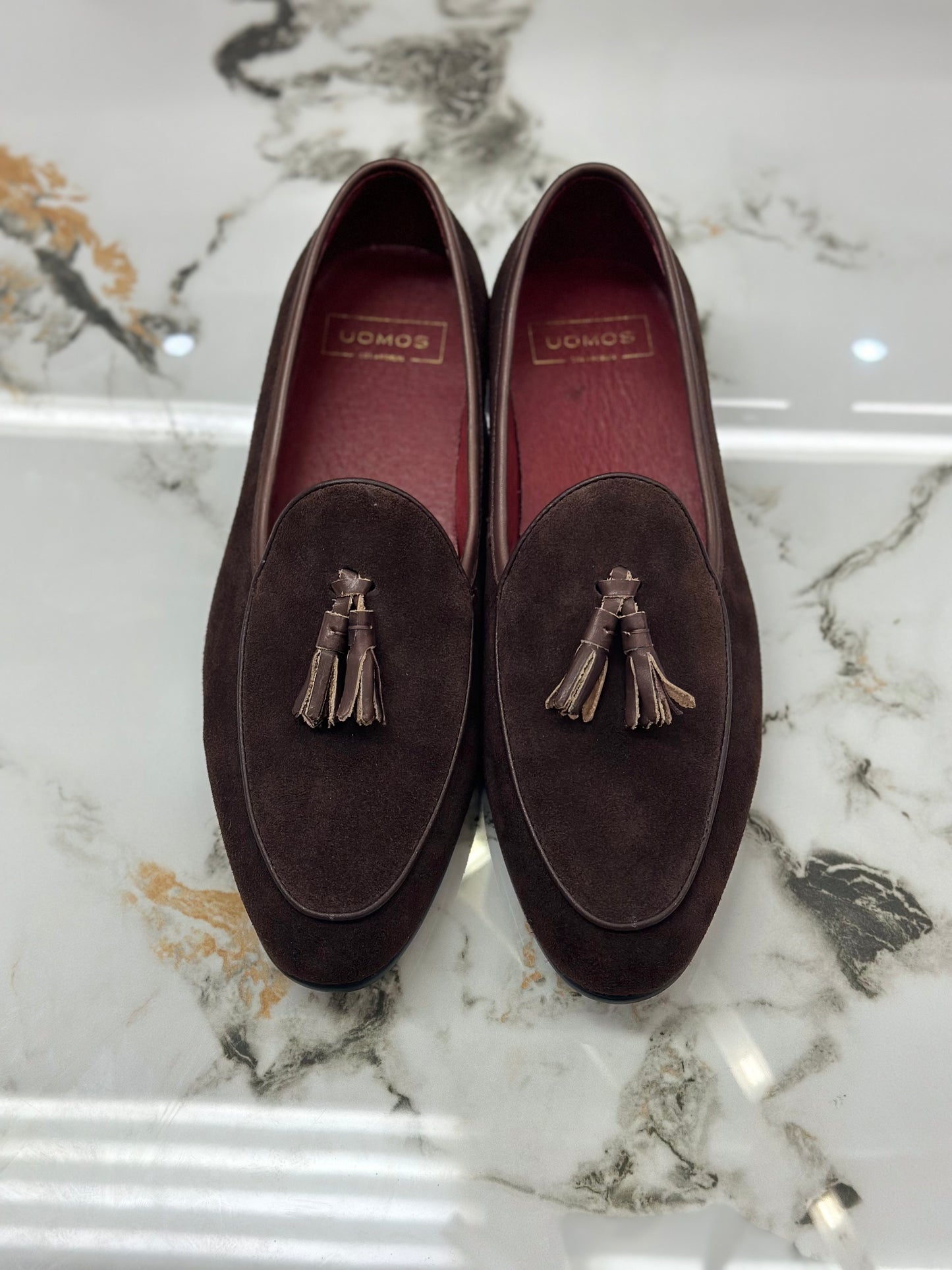 UOMOS brown suede tassel loafers