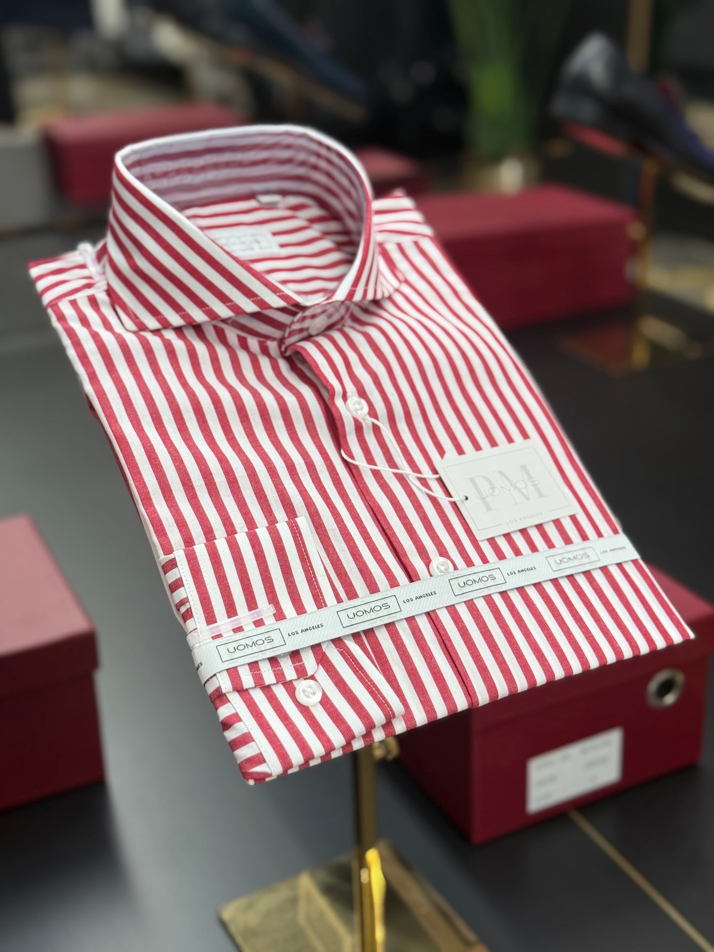 White and Red striped cut-away cotton shirt slim