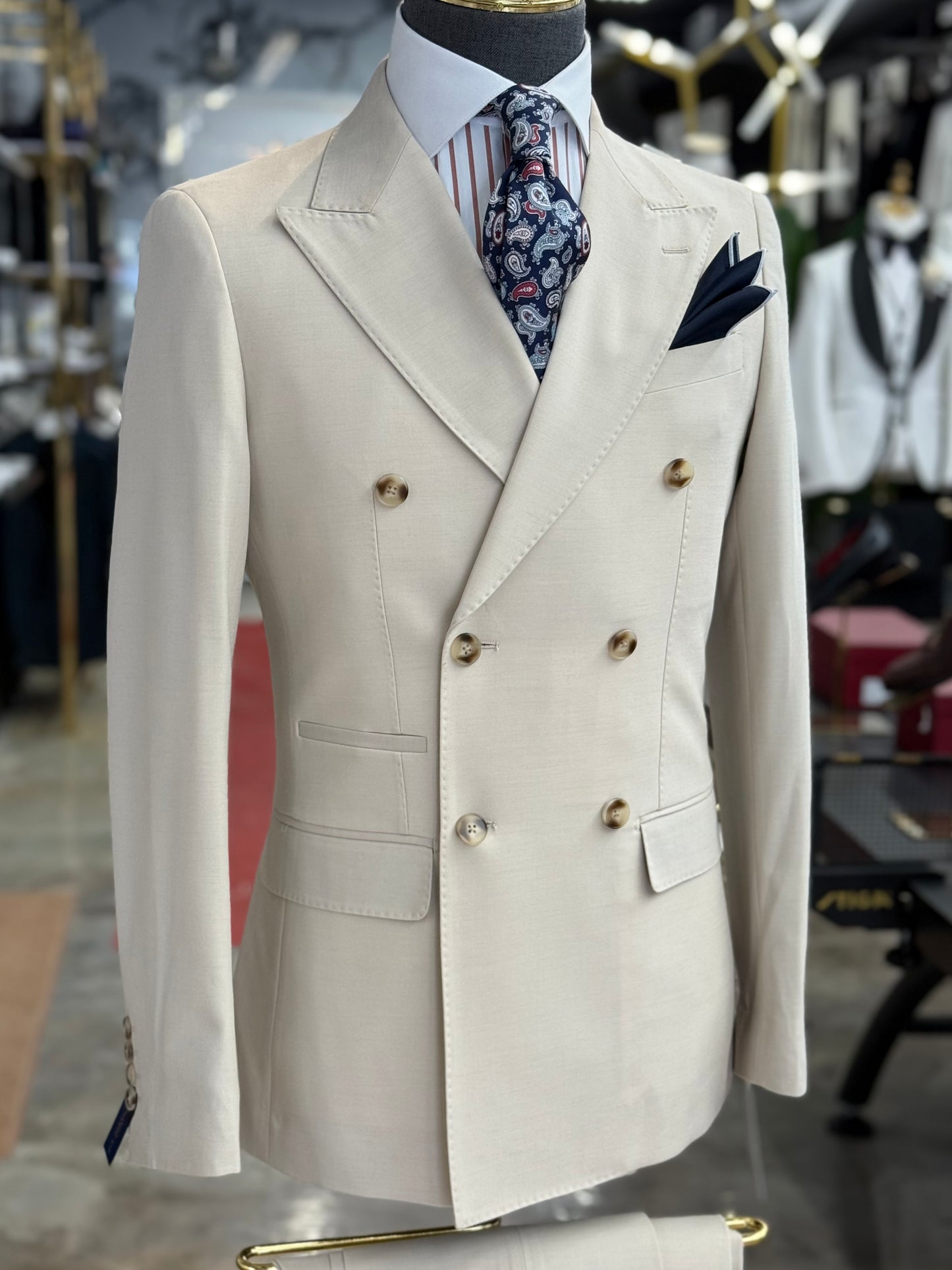 Light Tan Double-Breasted Suit Stretch