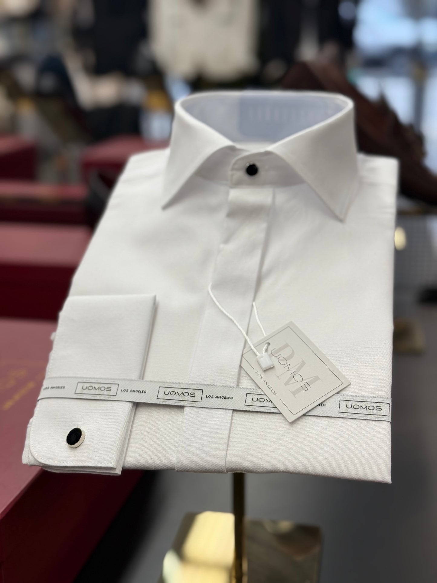 White cotton tuxedo shirt placket slim fit covered buttons