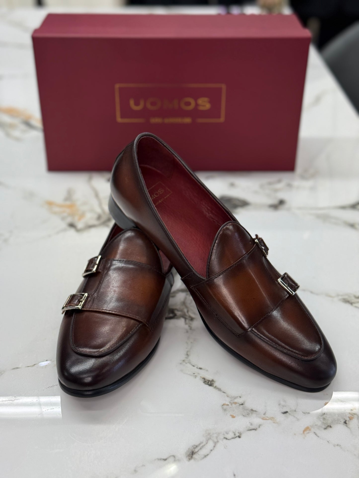 UOMOS brown leather double monk loafers