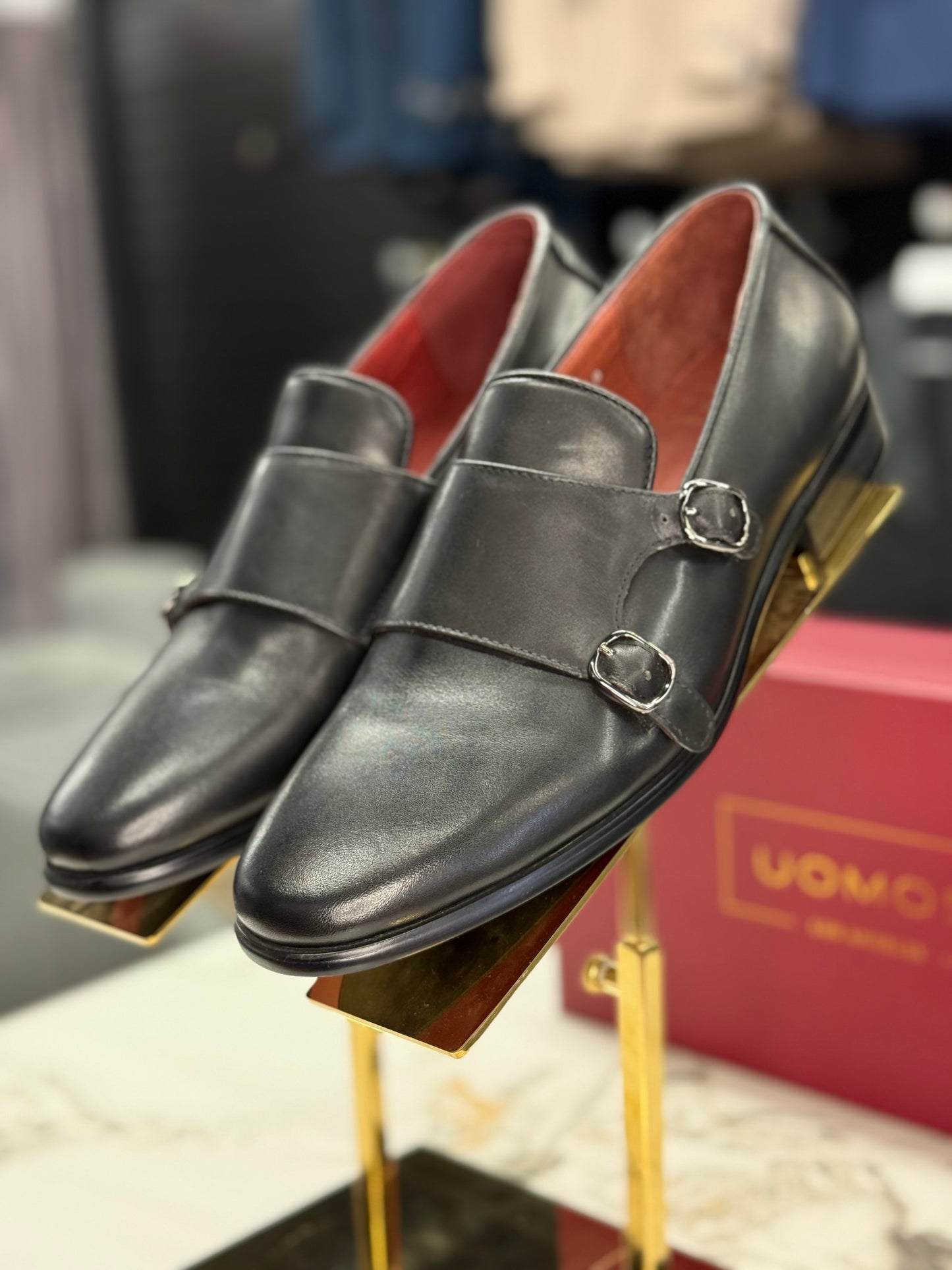 UOMOS black leather double monk loafers