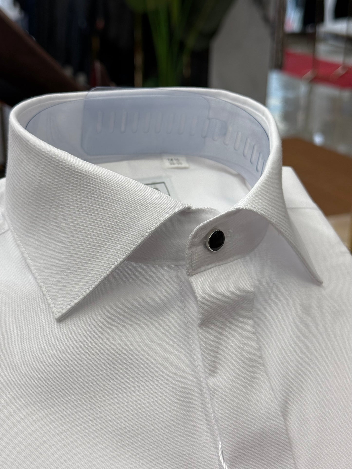 White cotton tuxedo shirt placket slim fit covered buttons