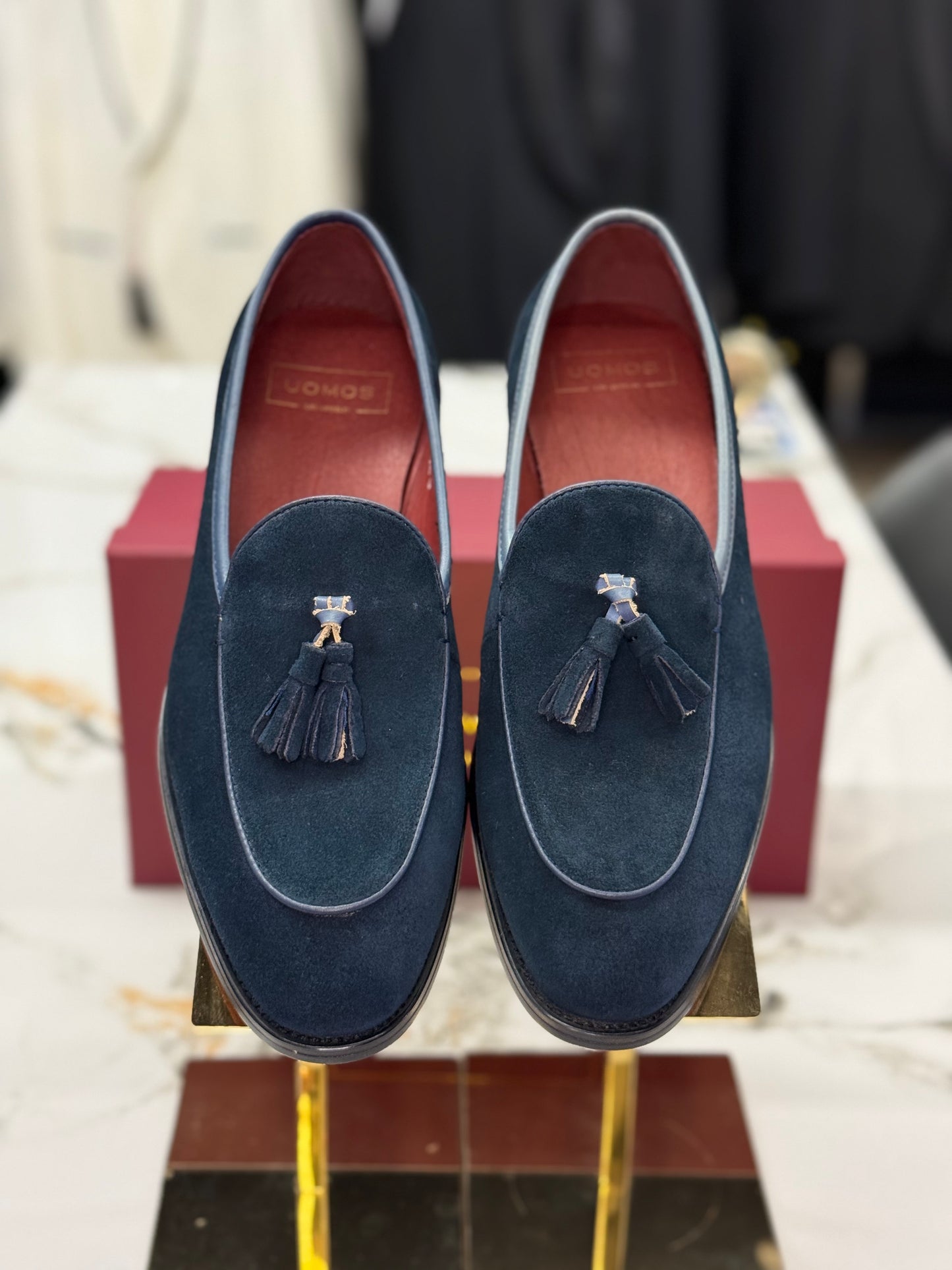 UOMOS Navy blue suede tassel loafers