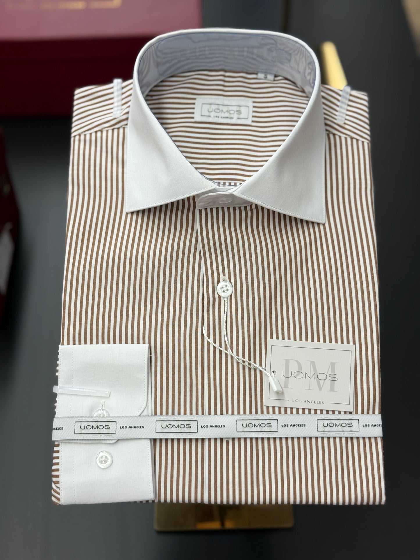 Brown Stripe Contrast White Collar Shirt