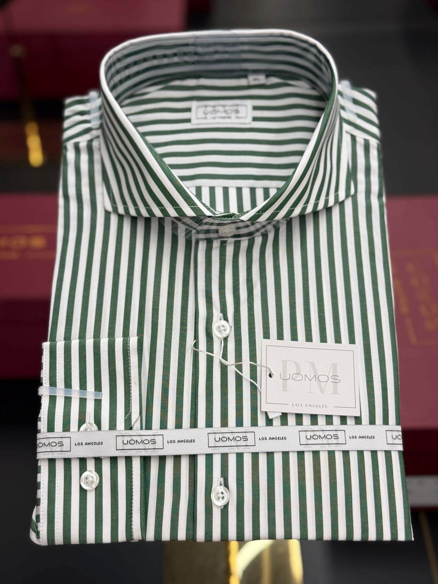 White and hunter green striped cut-away cotton shirt slim