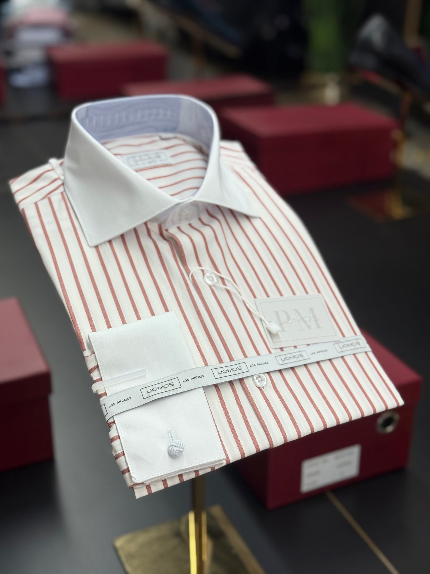White spread collar / Rust striped cotton shirt slim
