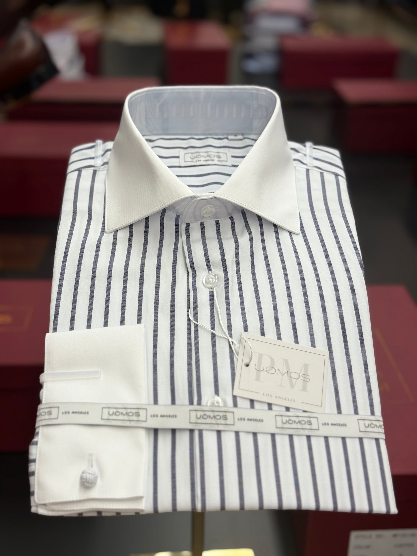 White spread collar / Mid night Blue striped cotton shirt slim