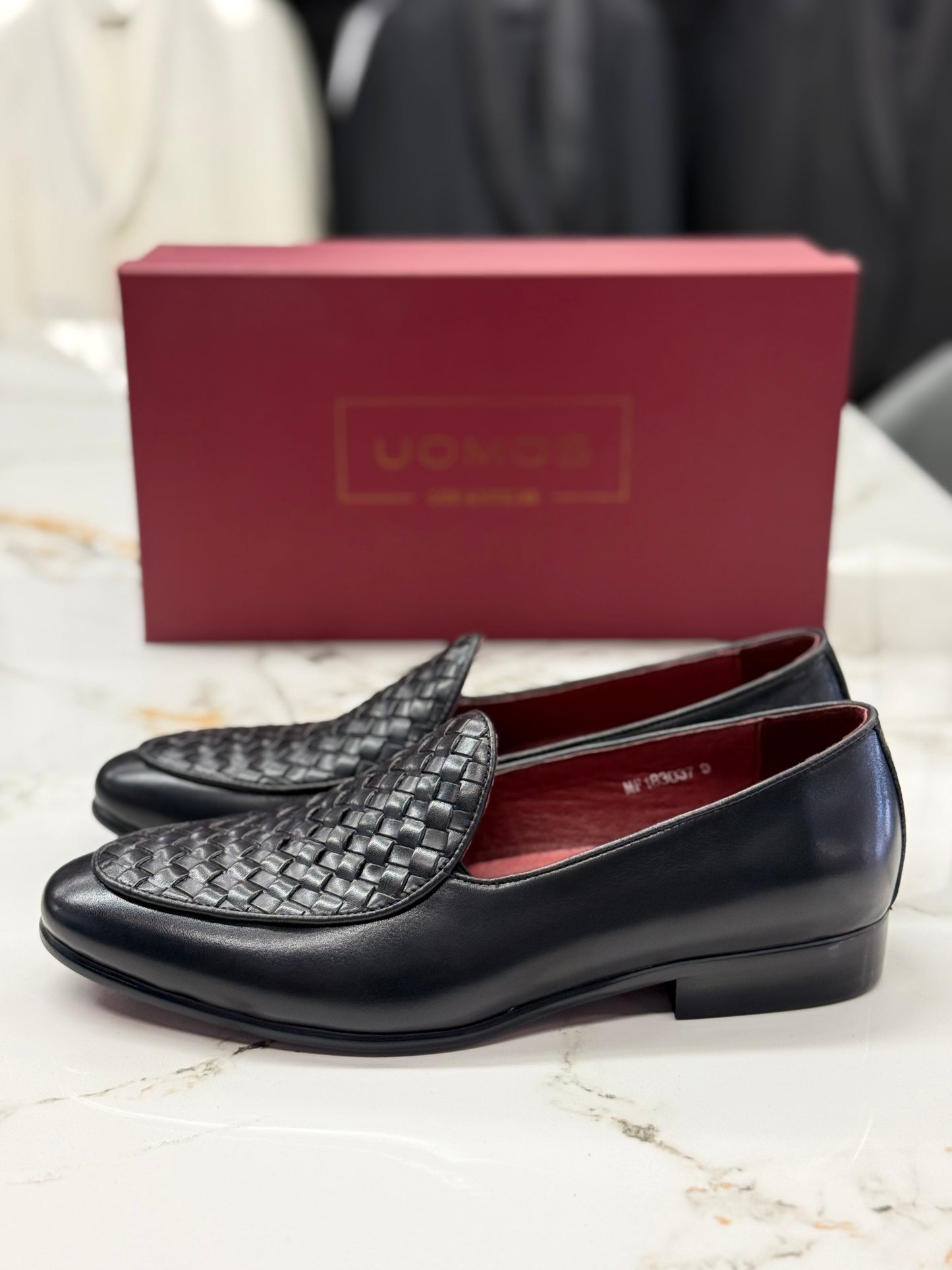 UOMOS Black leather knitted top loafers