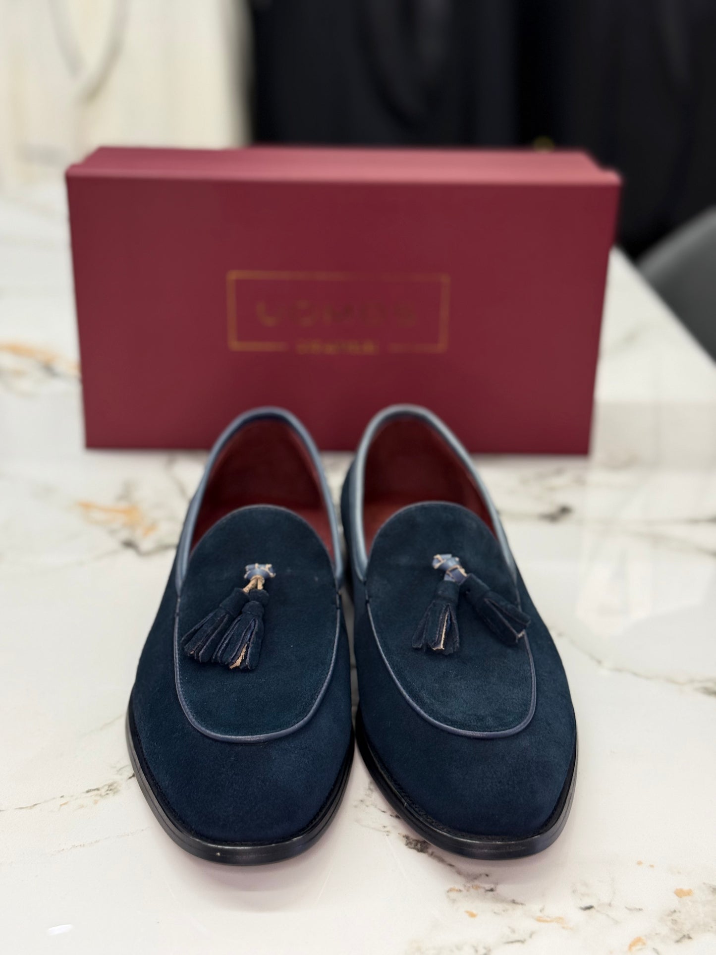 UOMOS Navy blue suede tassel loafers