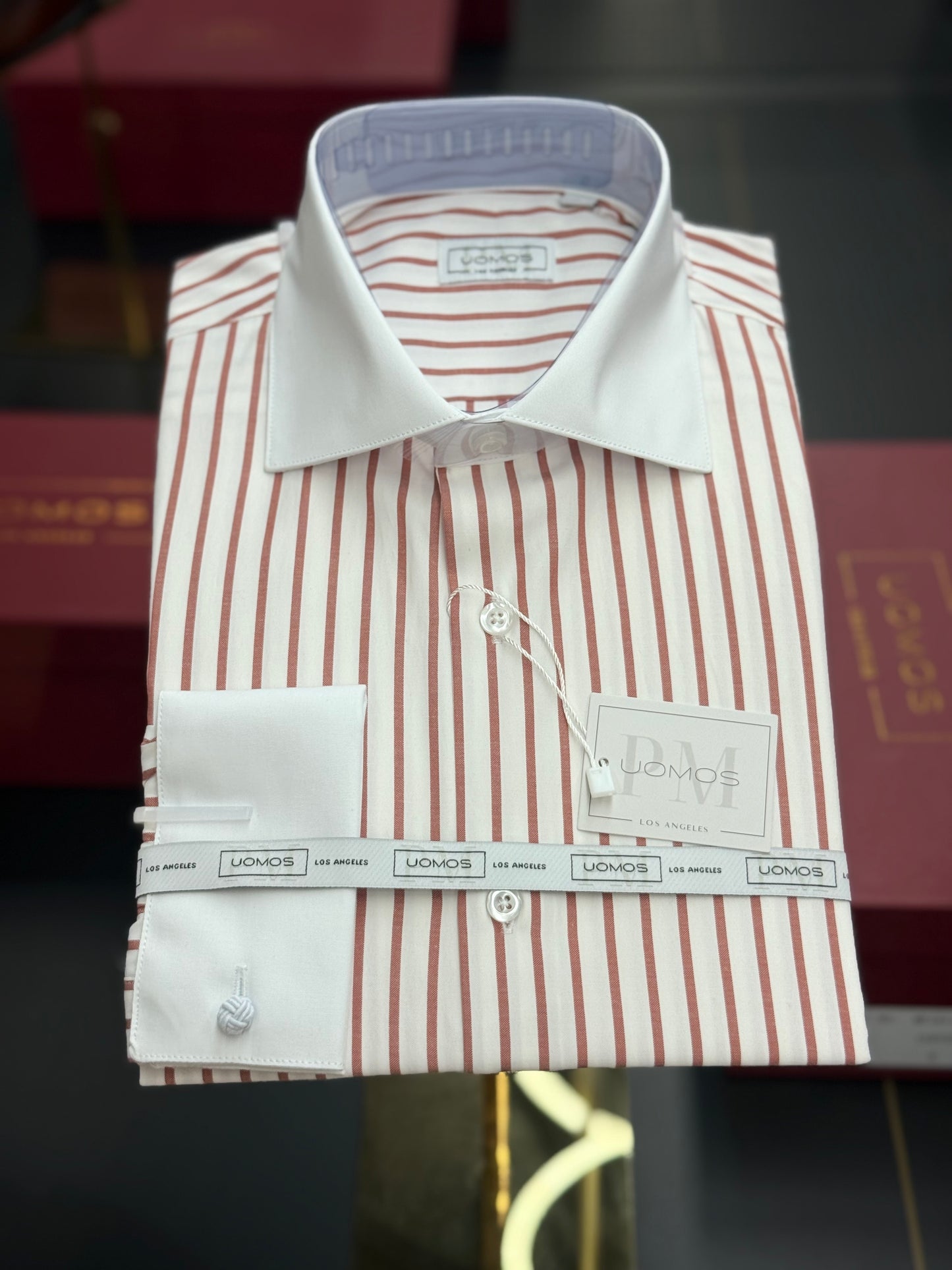 White spread collar / Rust striped cotton shirt slim