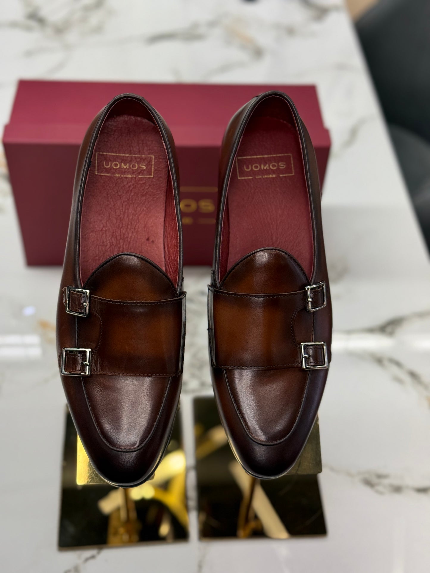 UOMOS brown leather double monk loafers