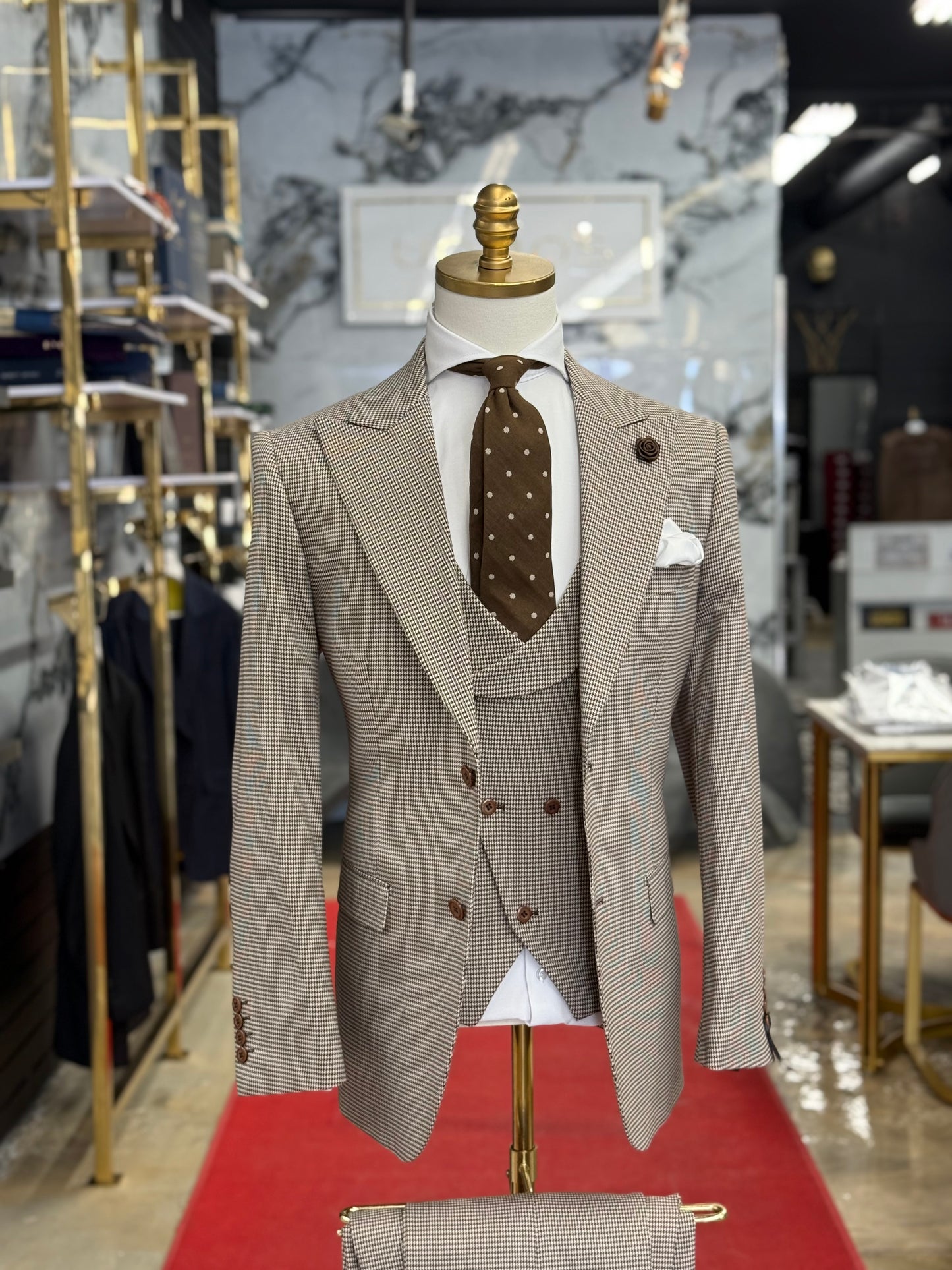 Chocolate & Beige Micro Houndstooth Wide Peak Lapel Suit