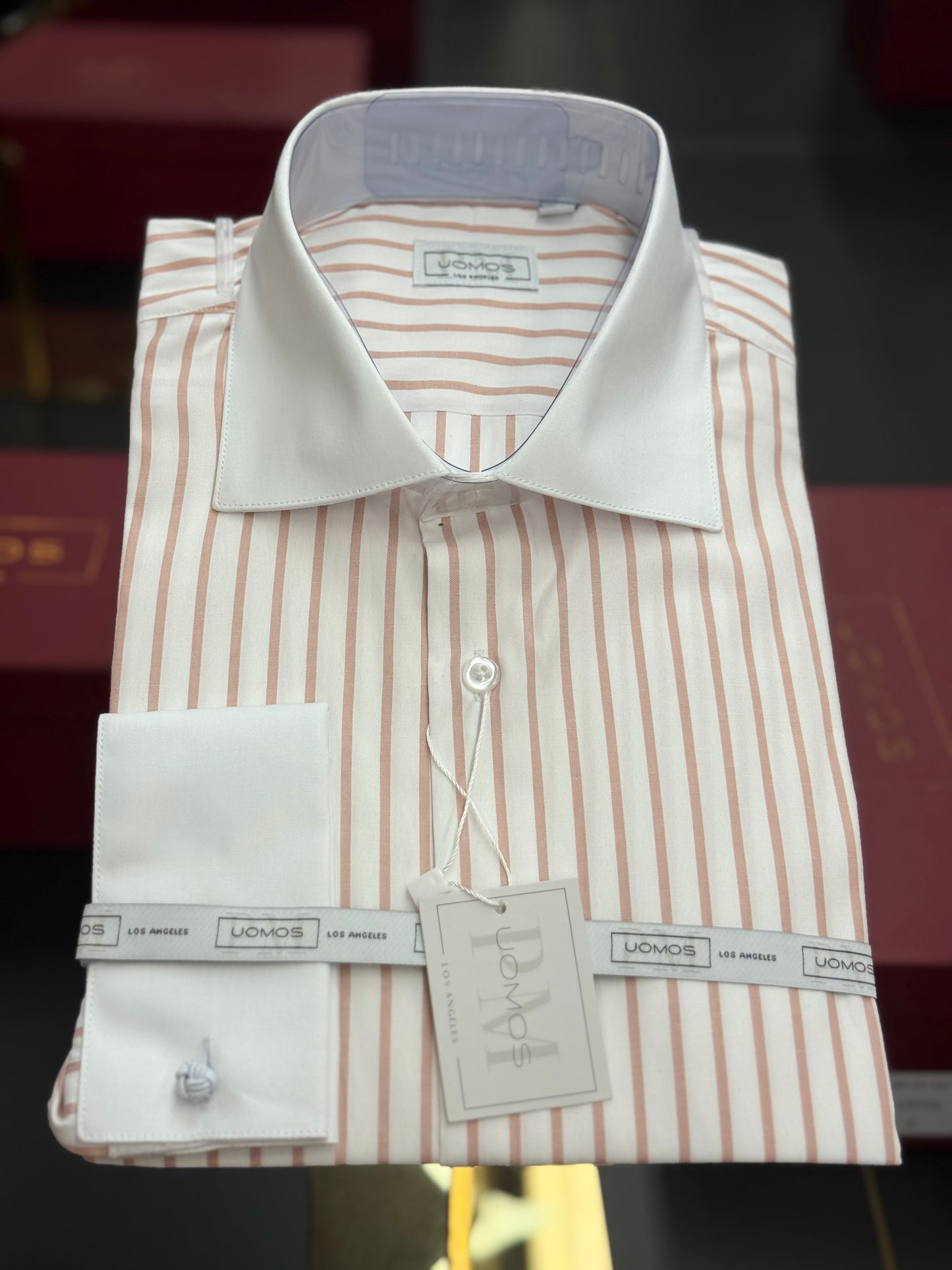 White spread collar / Nude striped cotton shirt slim